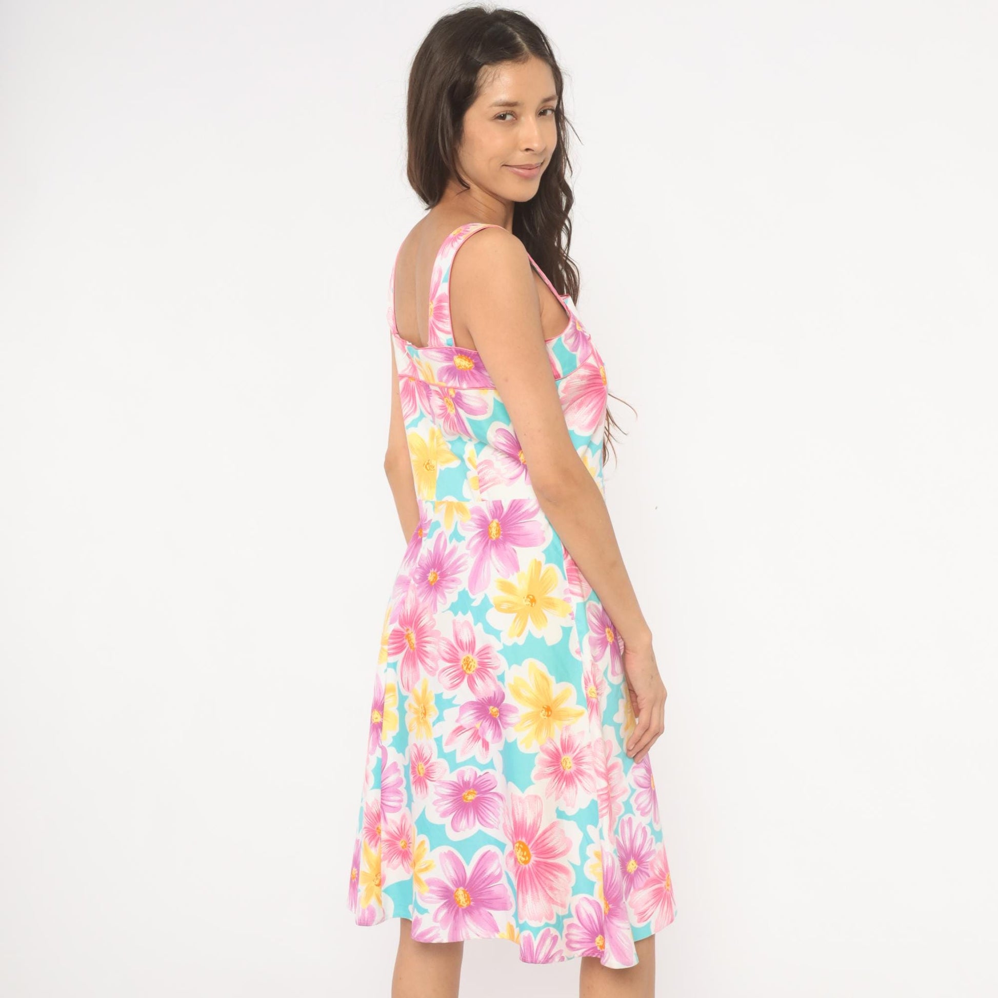 90s Scarlett Floral Sundress Square Neck Daisy Print Sky Blue Medium M