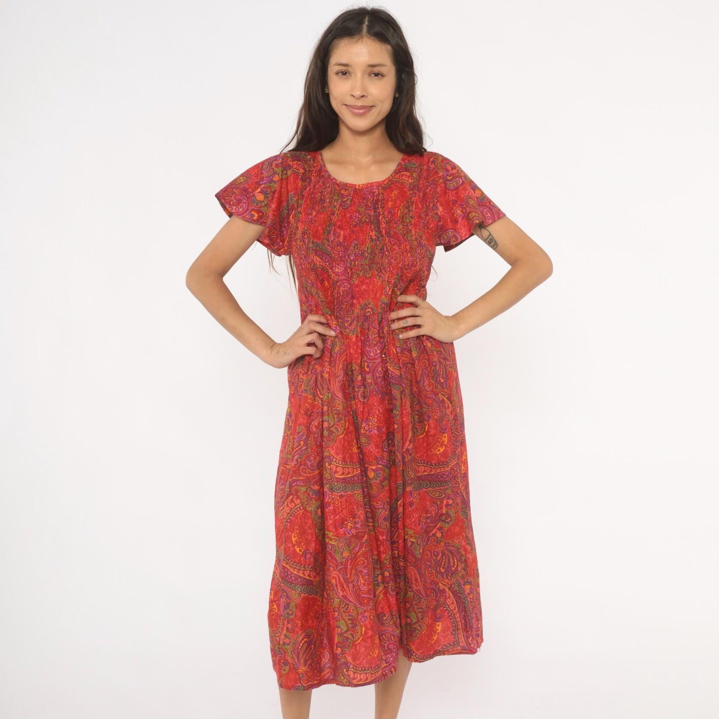 70s Metropolitan Paisley Smocked Midi Dress Red Flutter Sleeve Cotton Large L