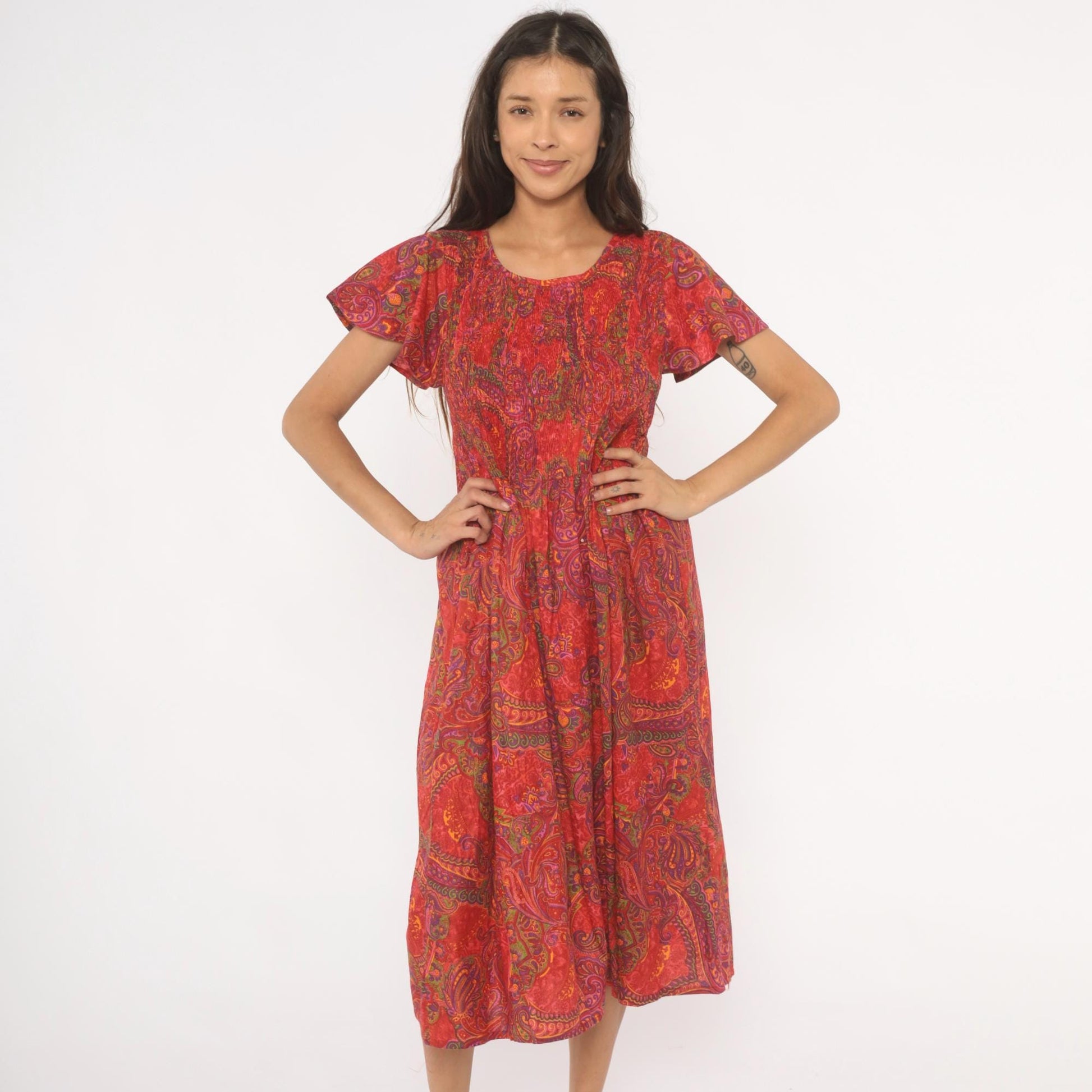 70s Metropolitan Paisley Smocked Midi Dress Red Flutter Sleeve Cotton Large L