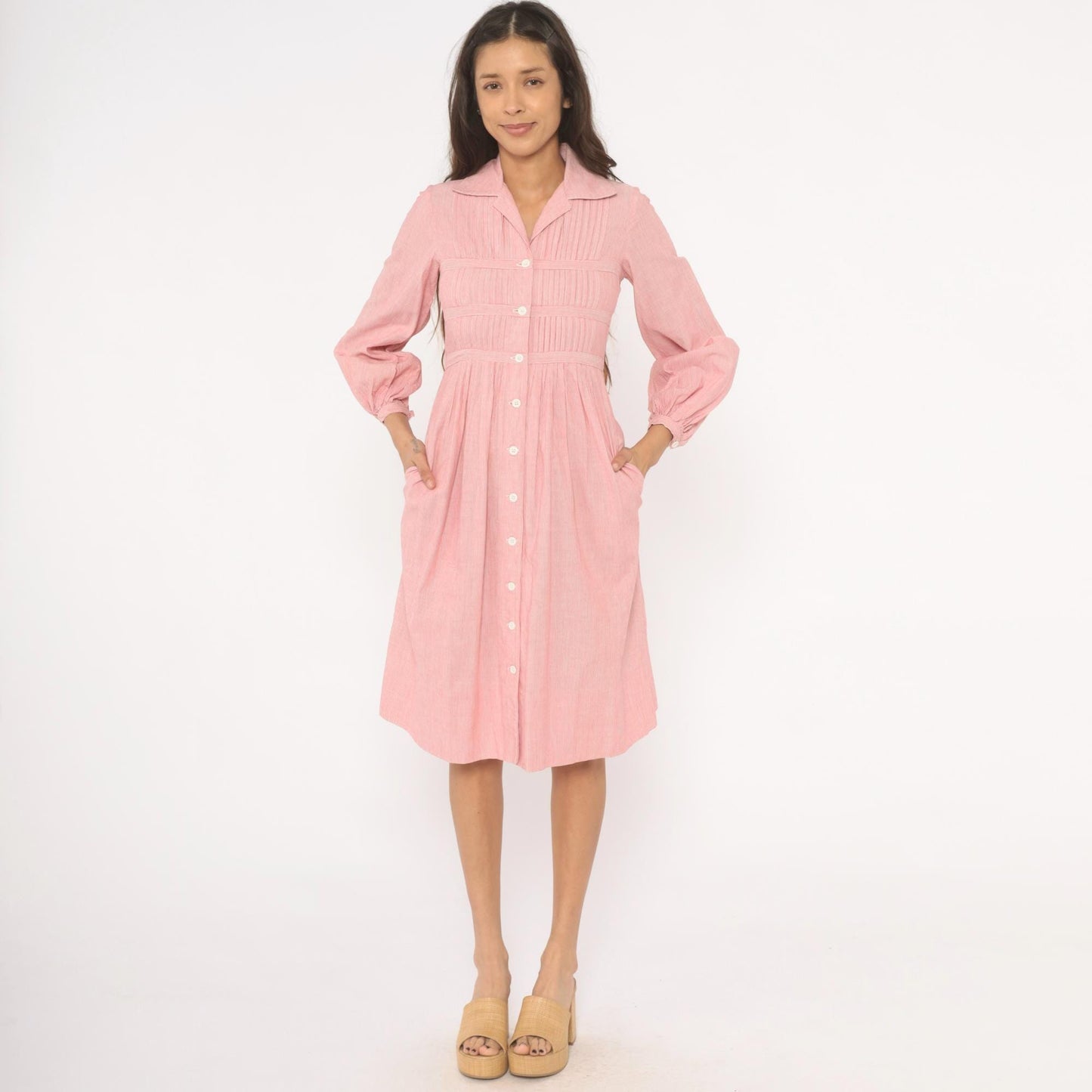 80s Nipon Boutique Pinstripe Shirtdress Pink Button Front Puff Sleeve XS