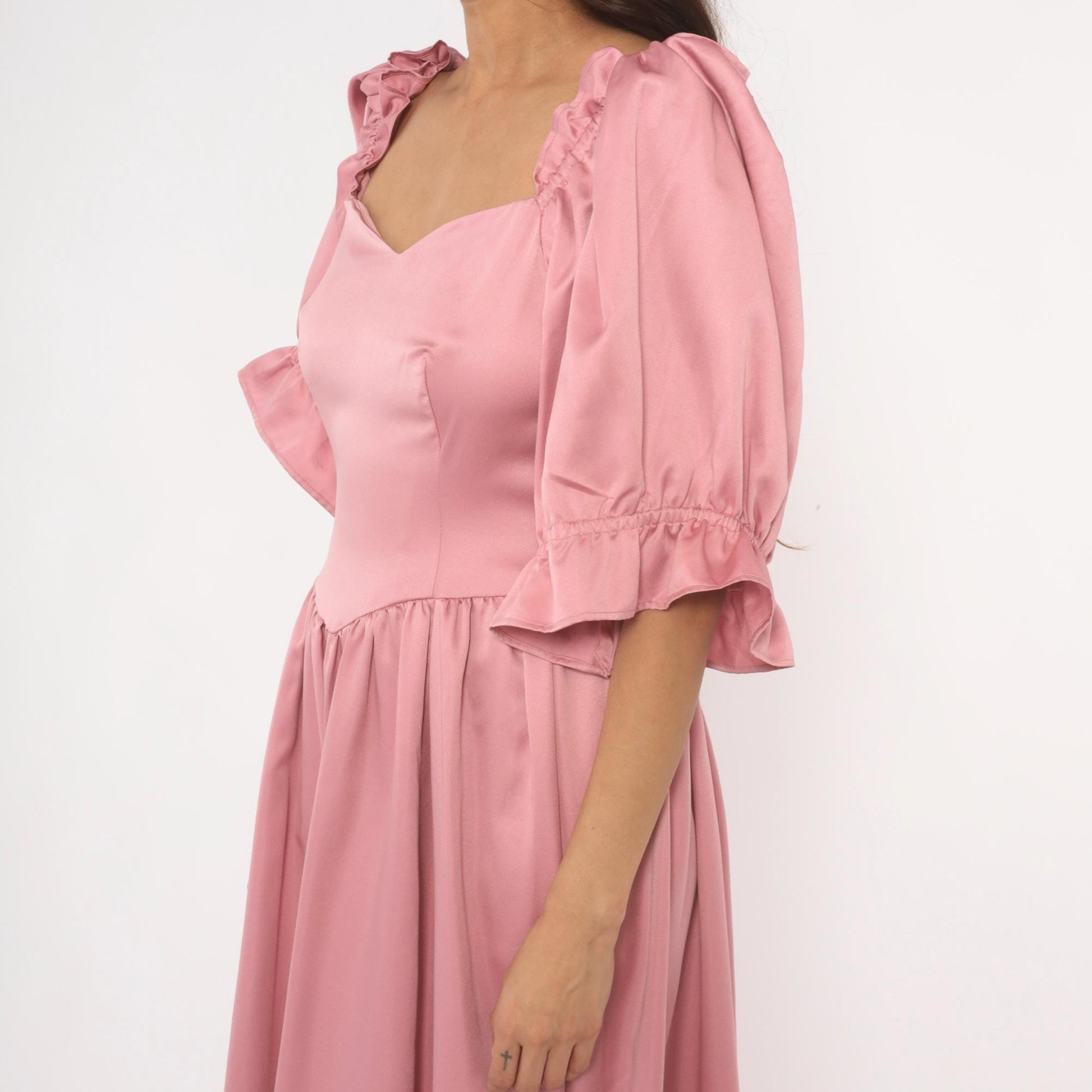 80s Rose Pink Maxi Gown Sweetheart Neckline Puff Sleeve Ruffle Trim Medium M