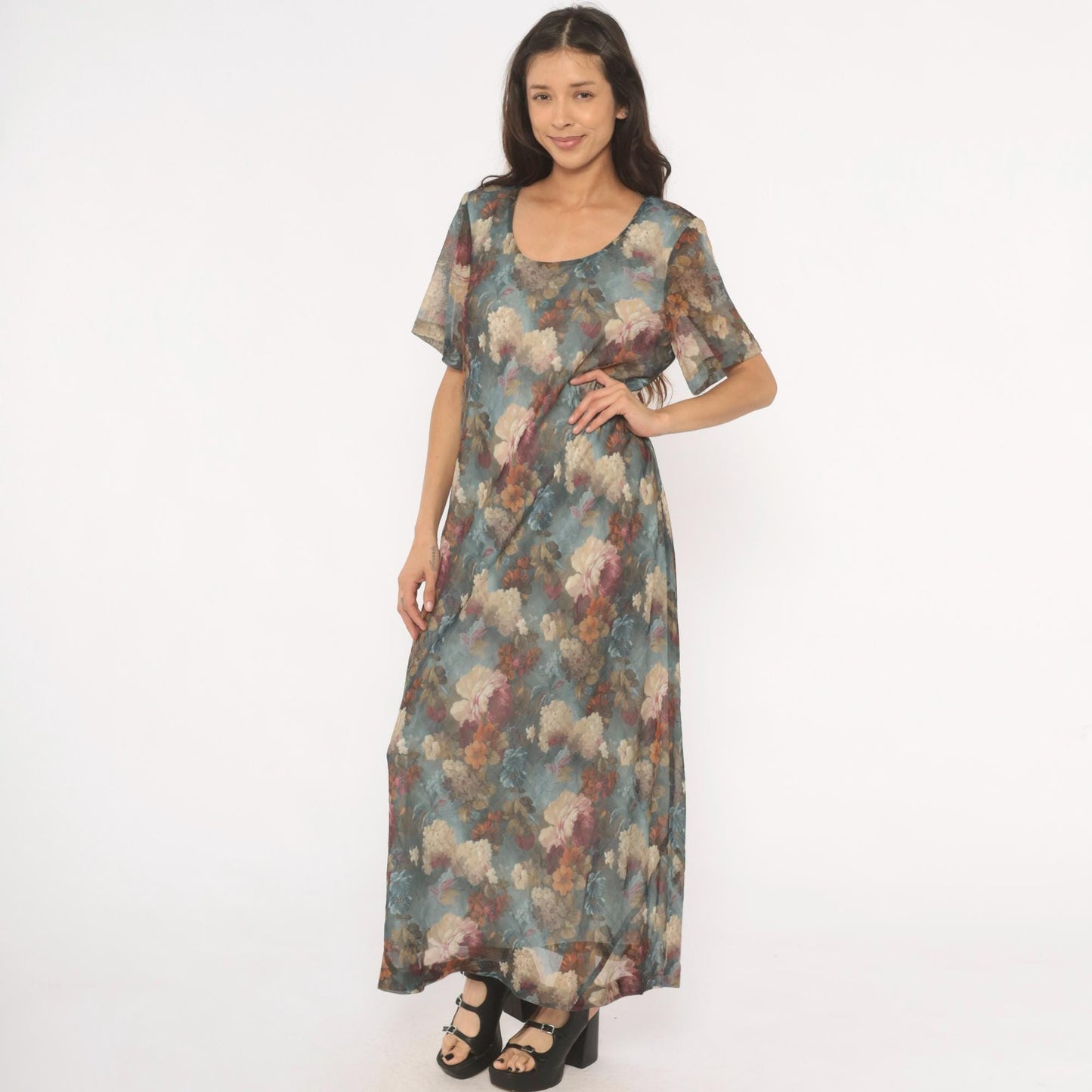 90s De Frantoria Floral Maxi Dress Slate Blue Cream Chiffon Short Sleeve Extra Large XL
