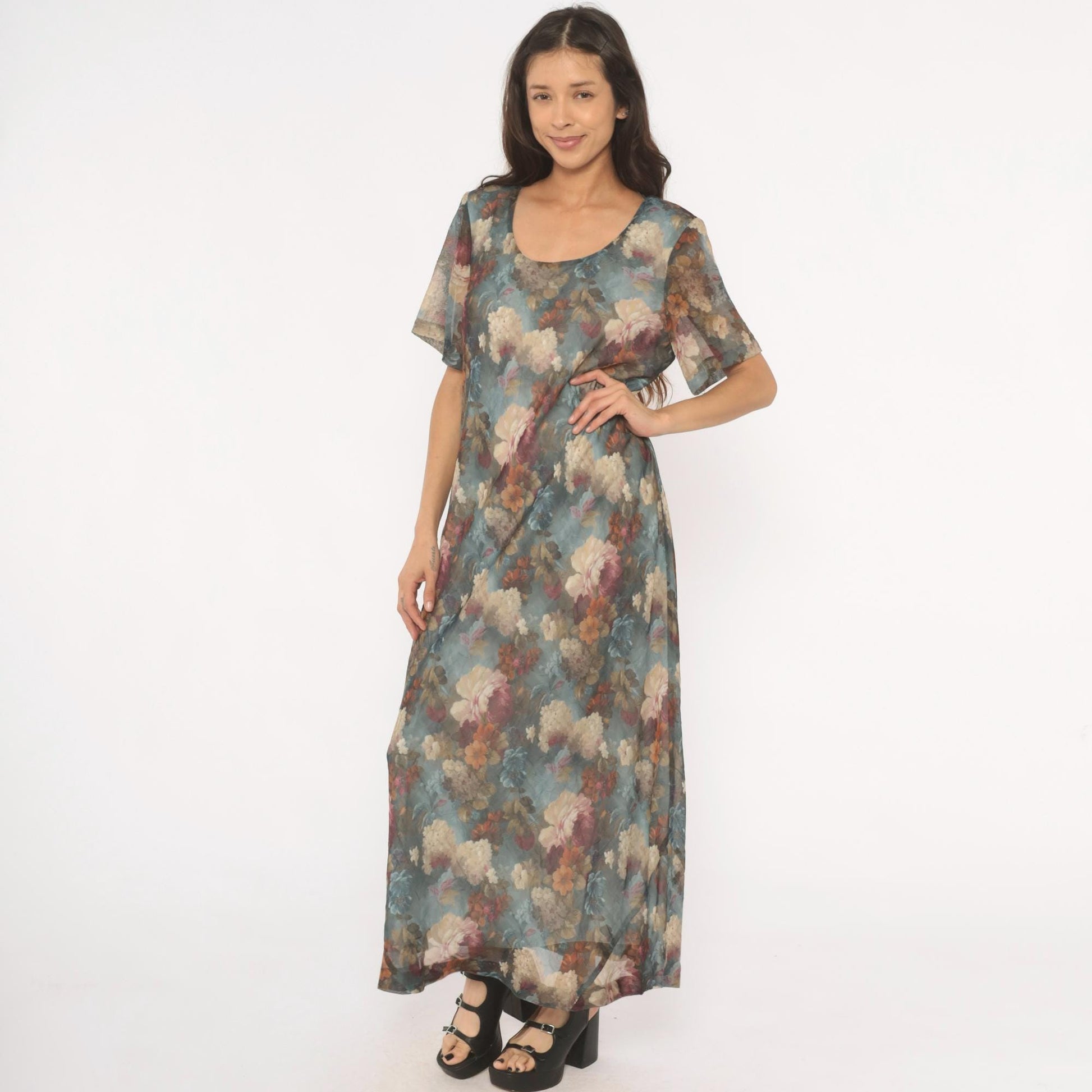 90s De Frantoria Floral Maxi Dress Slate Blue Cream Chiffon Short Sleeve Extra Large XL