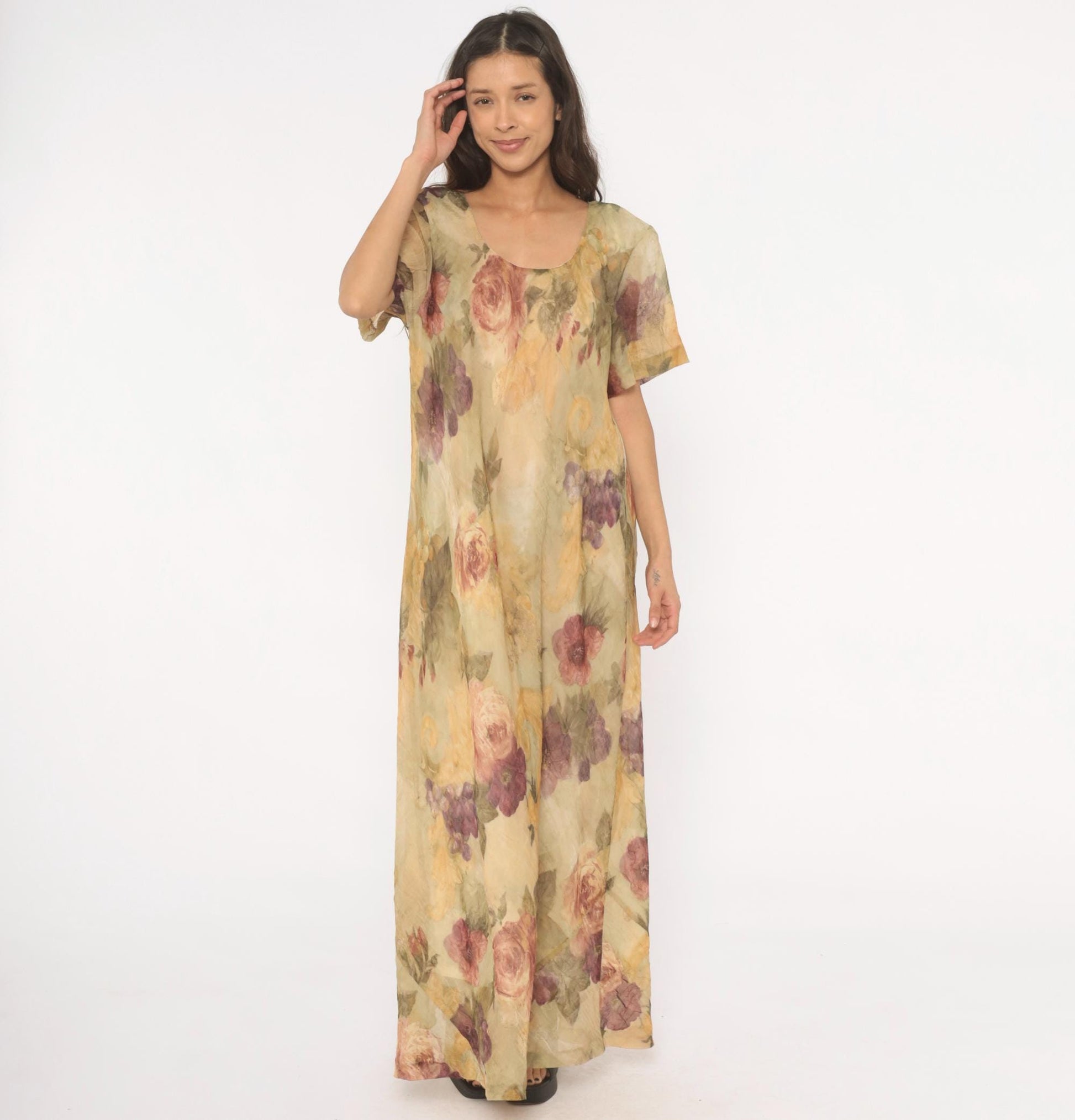 90s DE Frantoria Floral Maxi Dress Cream Rose Print Flutter Sleeve Extra Large