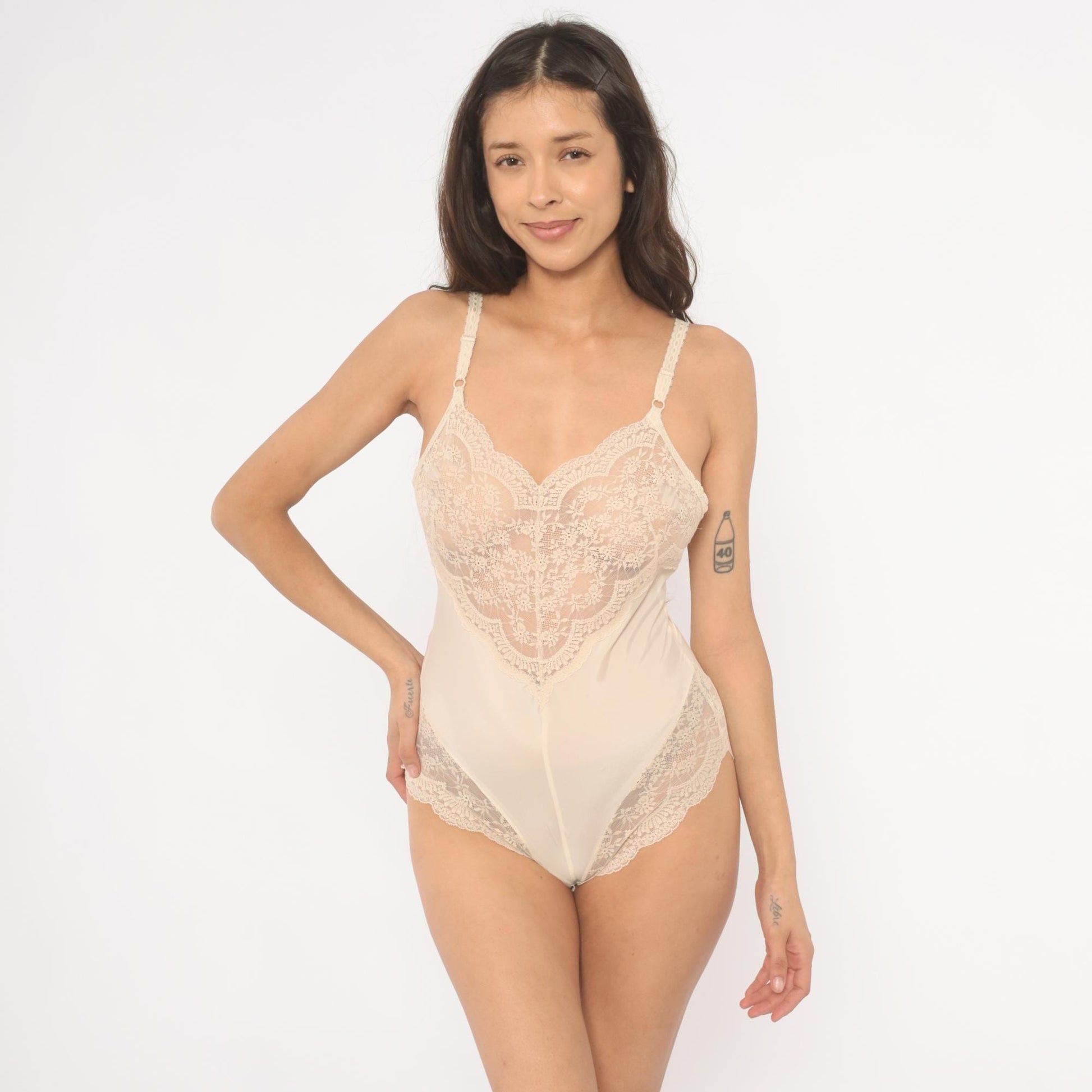 80s Lindsey Roscoe Cream Lace Bodysuit Floral V-Neck Snap Closure Small