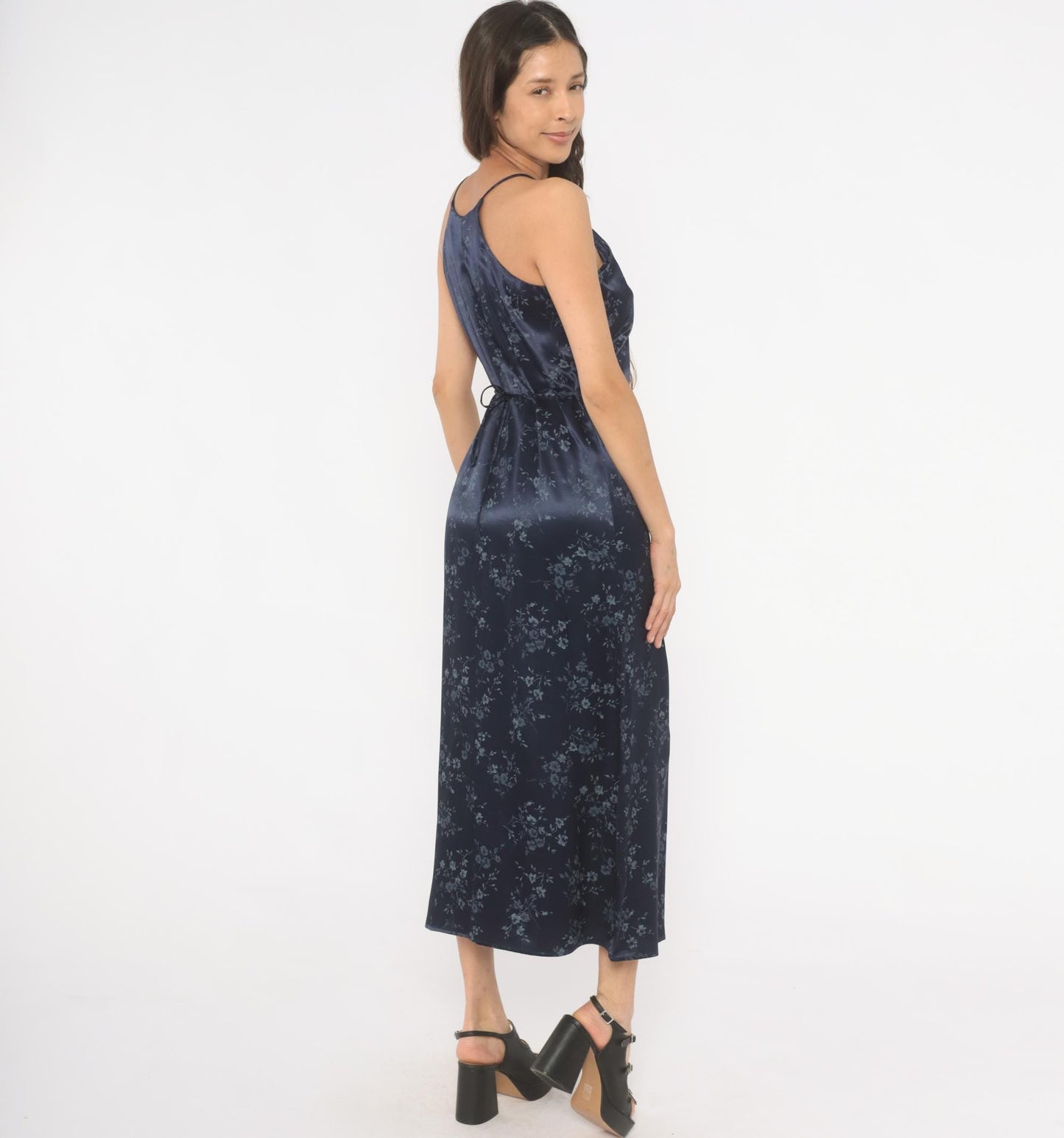 90s Navy Satin Halter Maxi Dress Floral Print Tie Back Small S