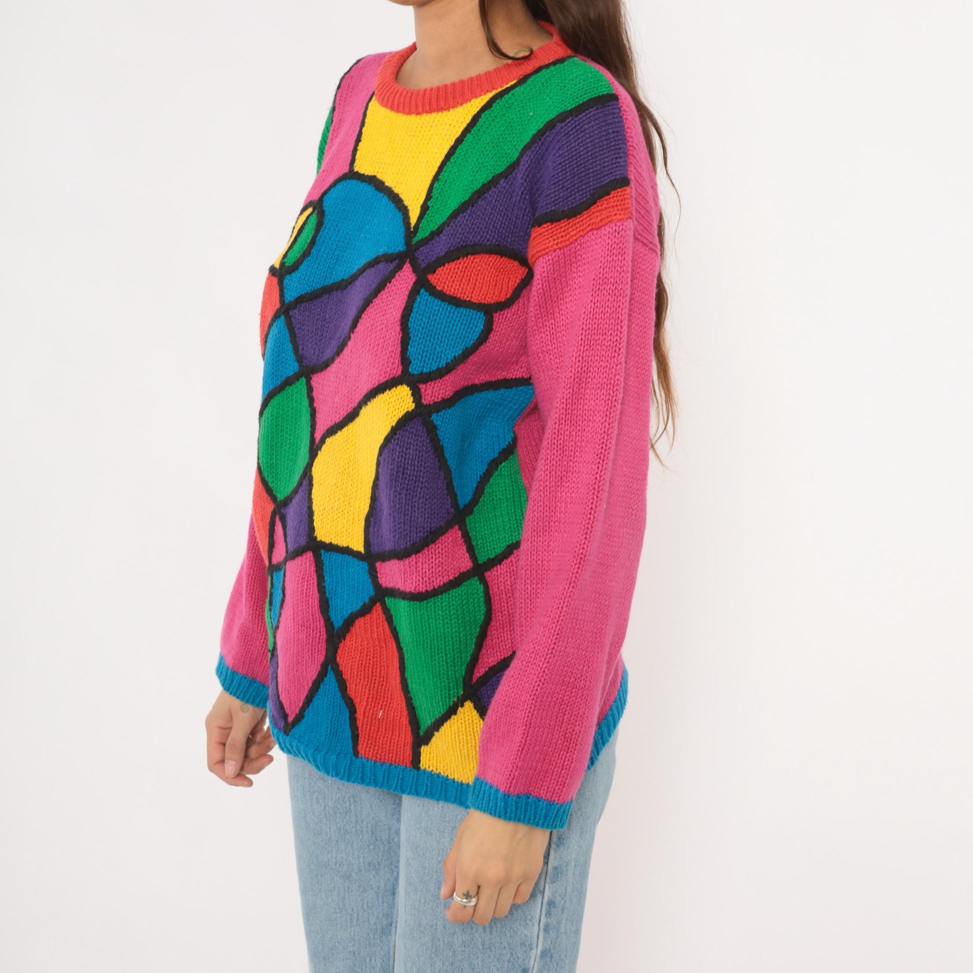 90s Reference Point Stained Glass Abstract Knit Pullover Multicolor Small