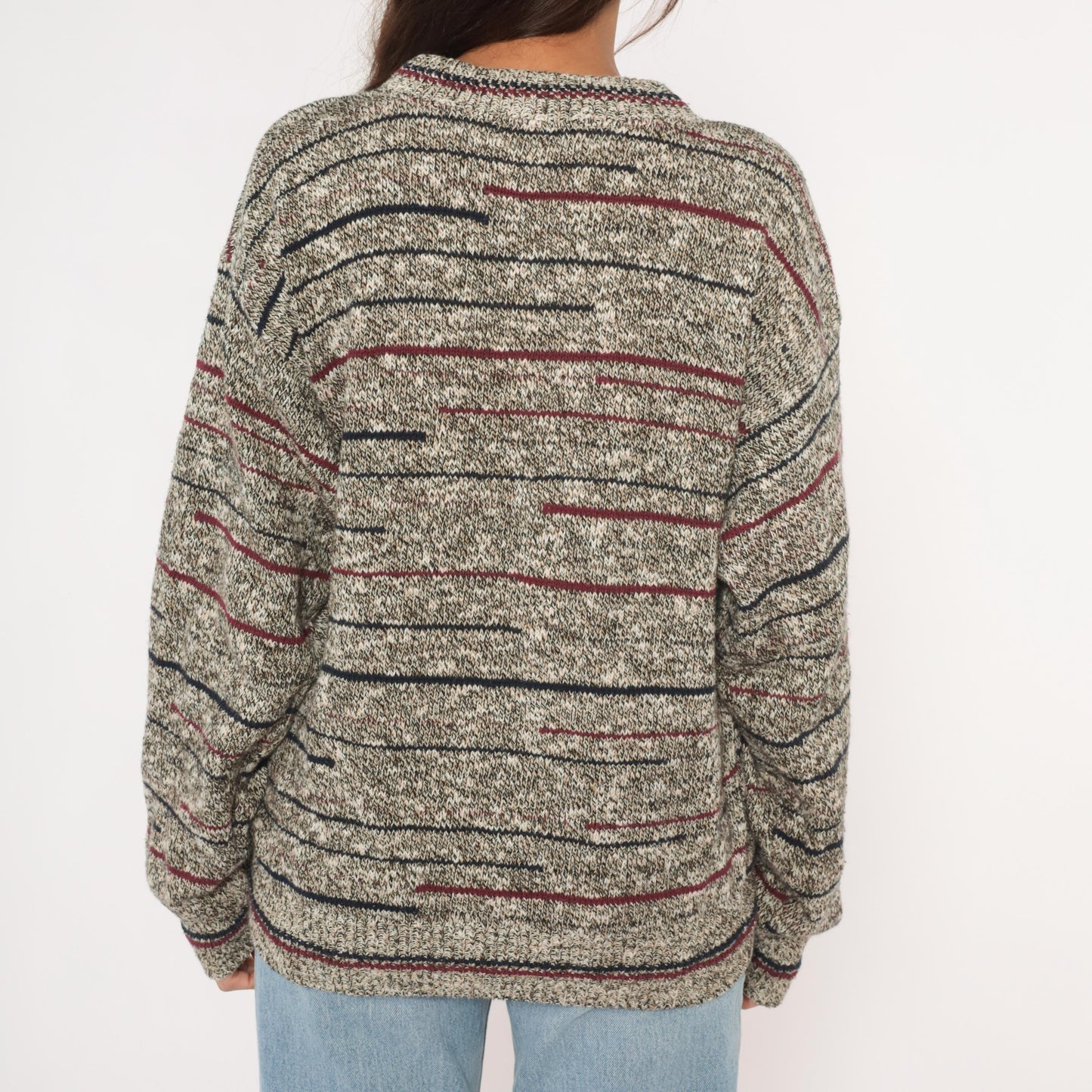 80s Bill Blass Marled Knit Striped Crewneck Pullover Burgundy Navy Grey Unisex Small