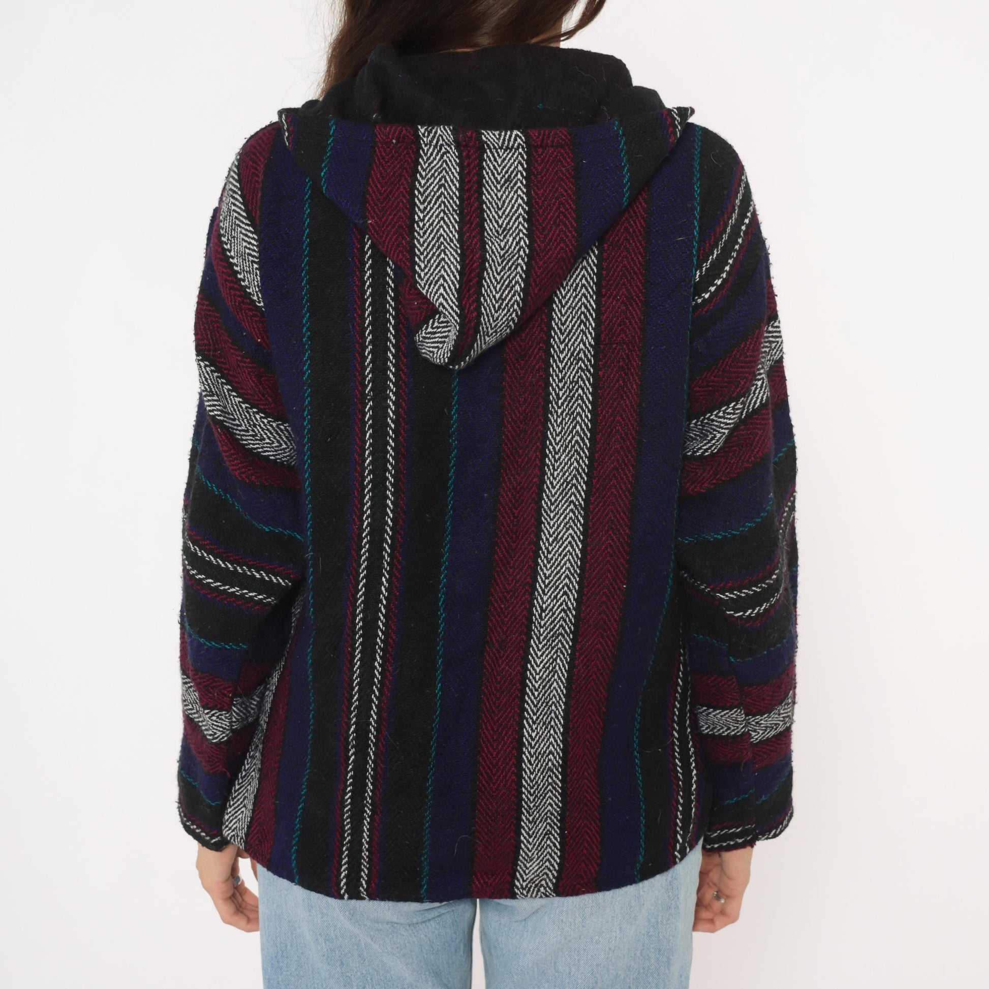 90s Baja Hoodie Striped Navy Burgundy Black Herringbone Weave Small S