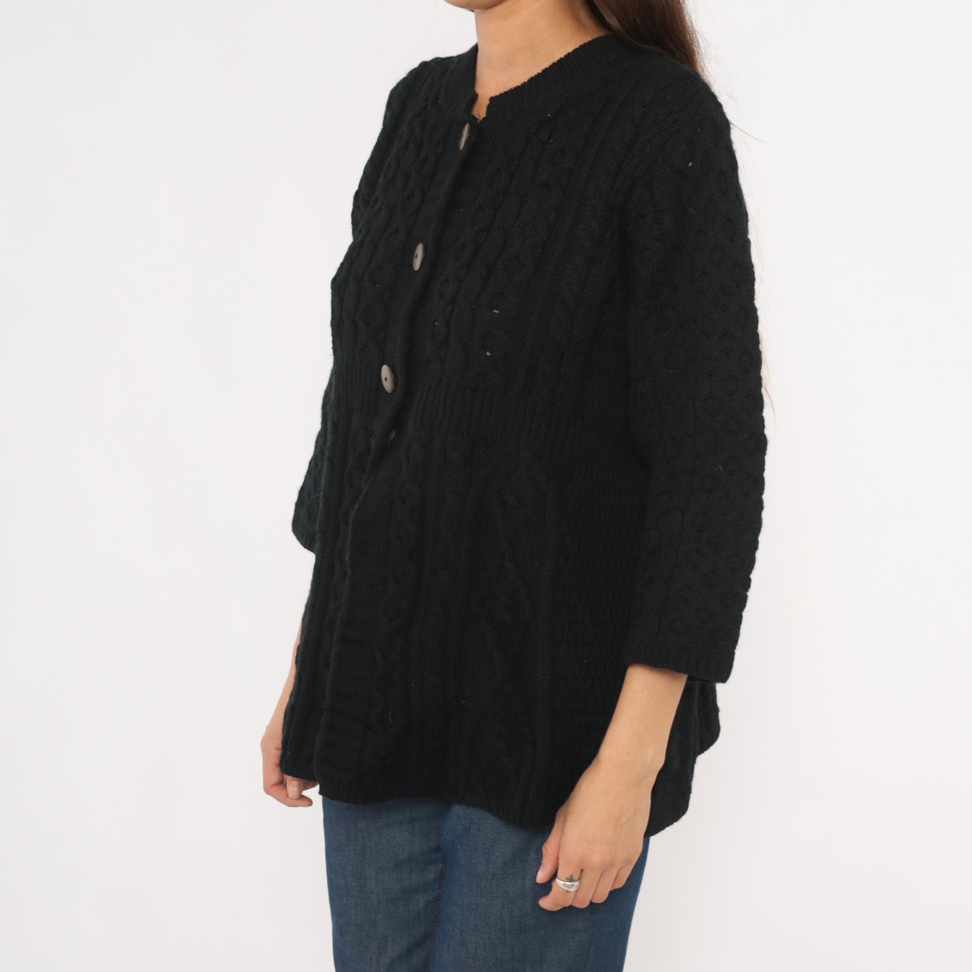 90s Kilronan Knitwear Black Cable Knit Cardigan Wool Crew Neck Medium M