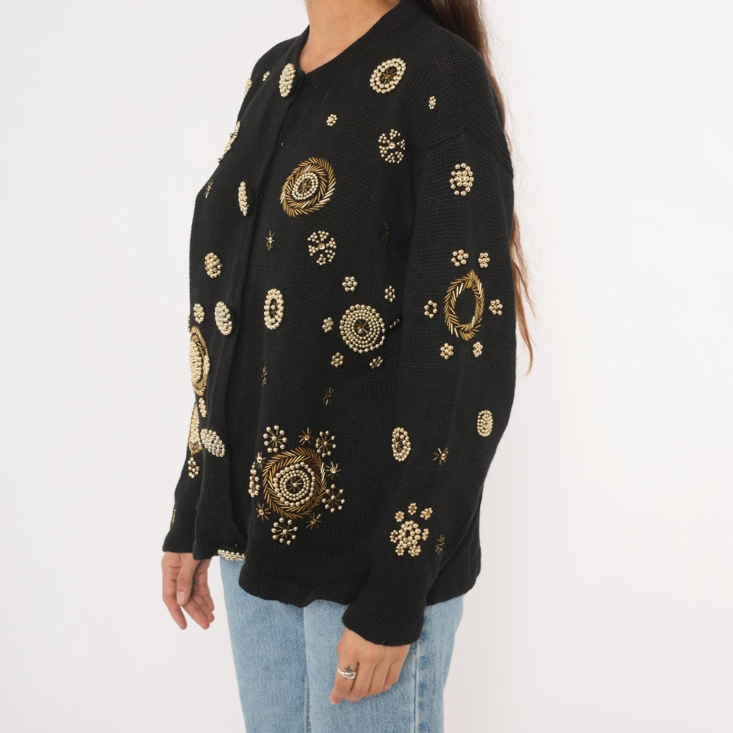 90s Fitting Image Black Cardigan Gold Beaded Medallion Embroidery Extra Large XL