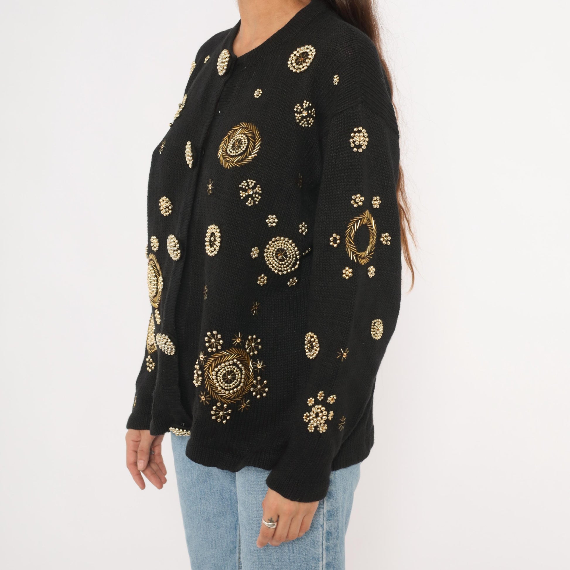 90s Fitting Image Black Cardigan Gold Beaded Medallion Embroidery Extra Large XL