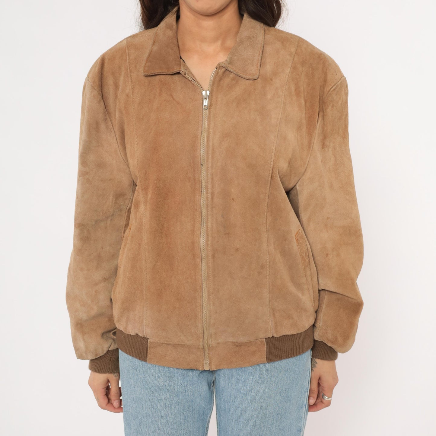 80s Tan Suede Bomber Jacket Zip Front Pointed Collar Ribbed Cuff Medium