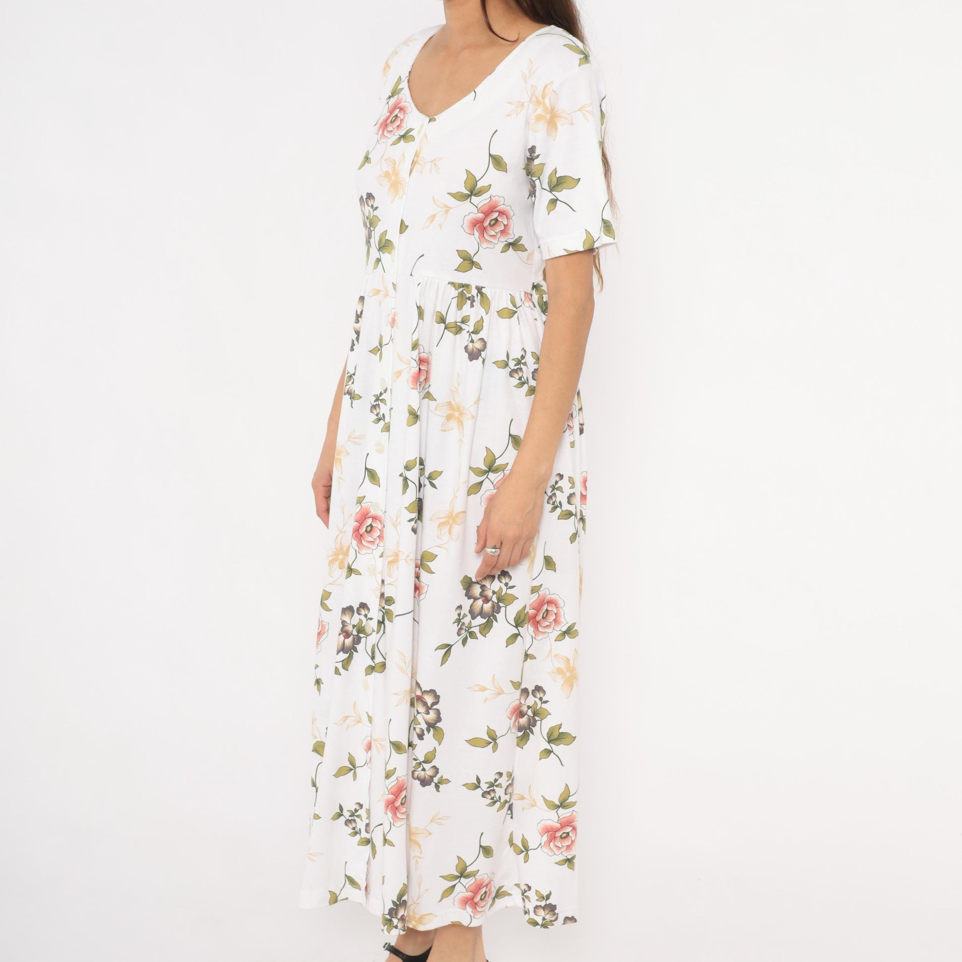 90s Bizzit Floral Maxi Dress White Pink Roses Short Sleeve Empire Waist Medium