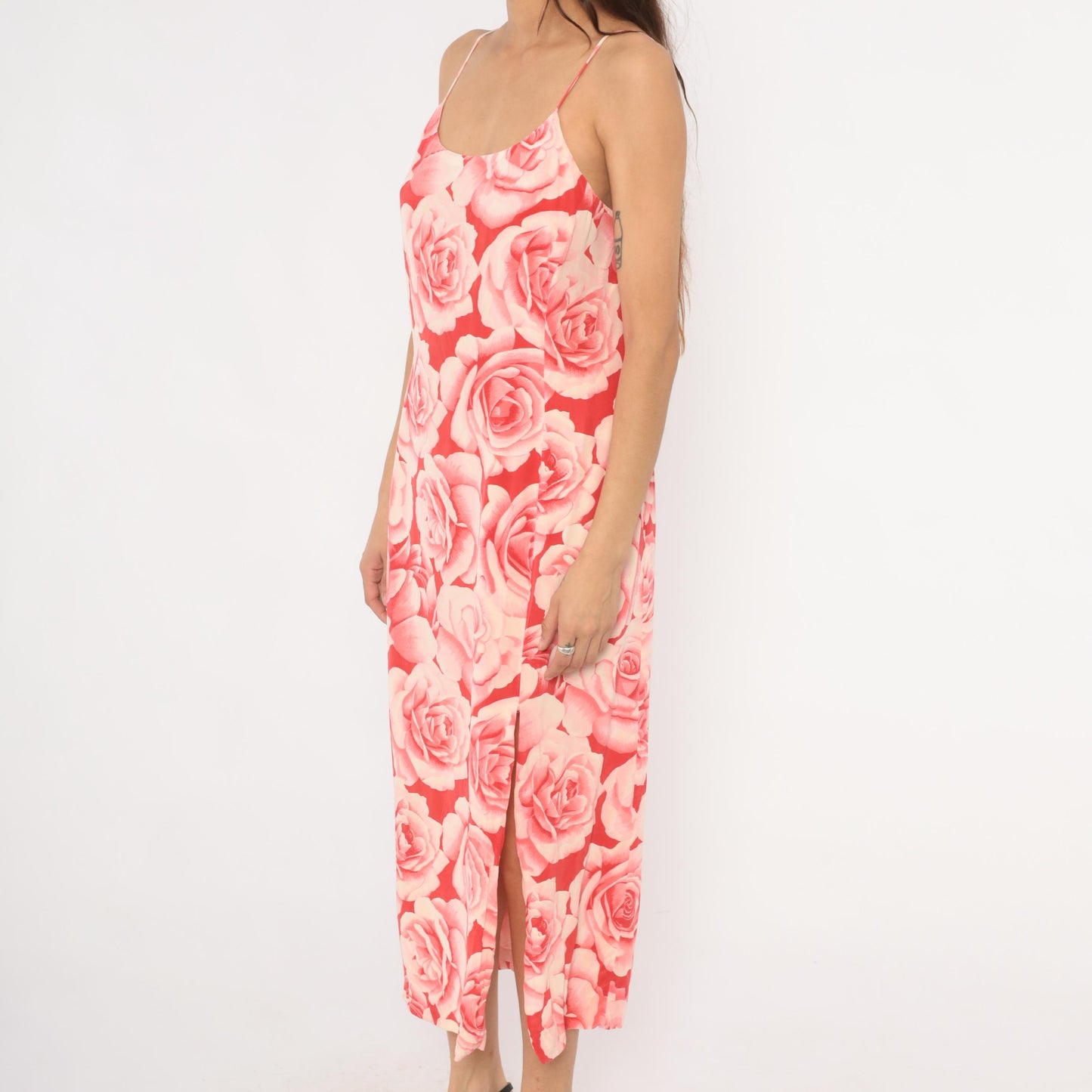 Y2K Neiman Marcus Silk Rose Print Slip Dress Pink Red Midi Slit Small S