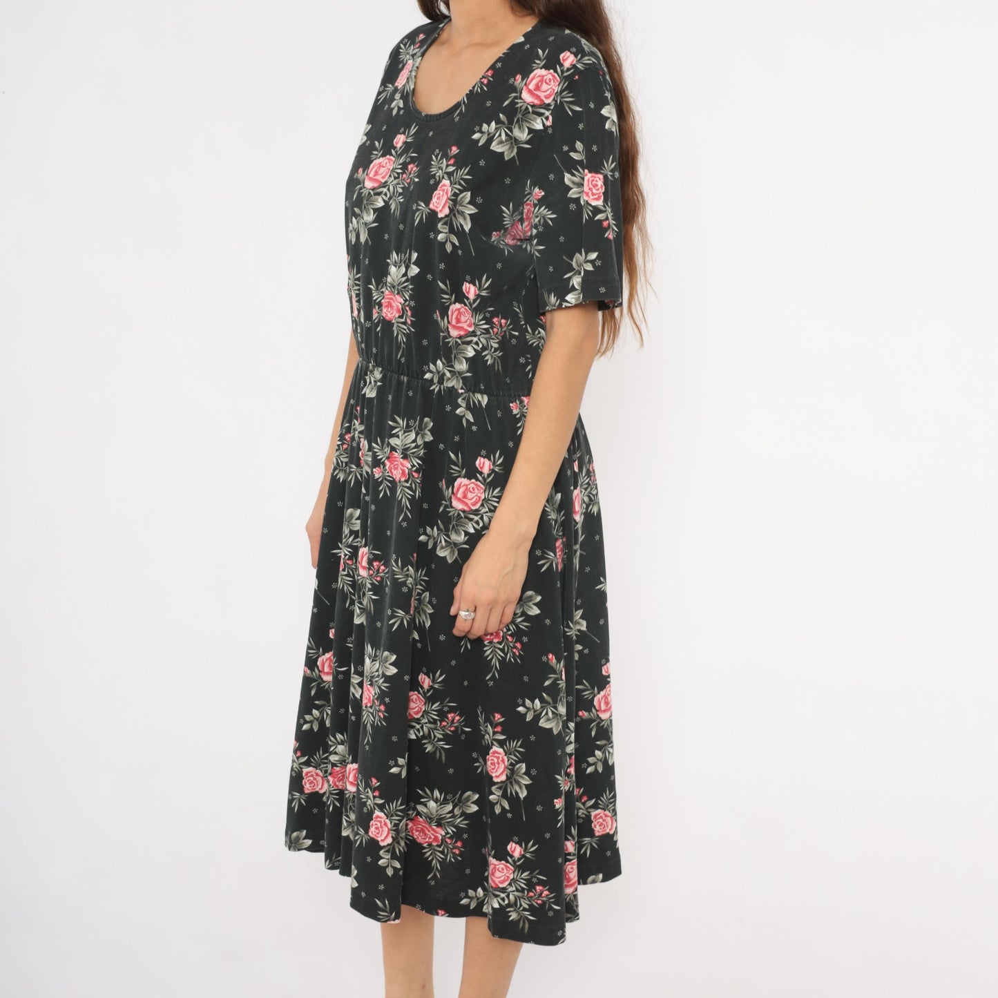 90s Black Midi Dress Pink Rose Floral Print Elastic Waist Cotton Medium M