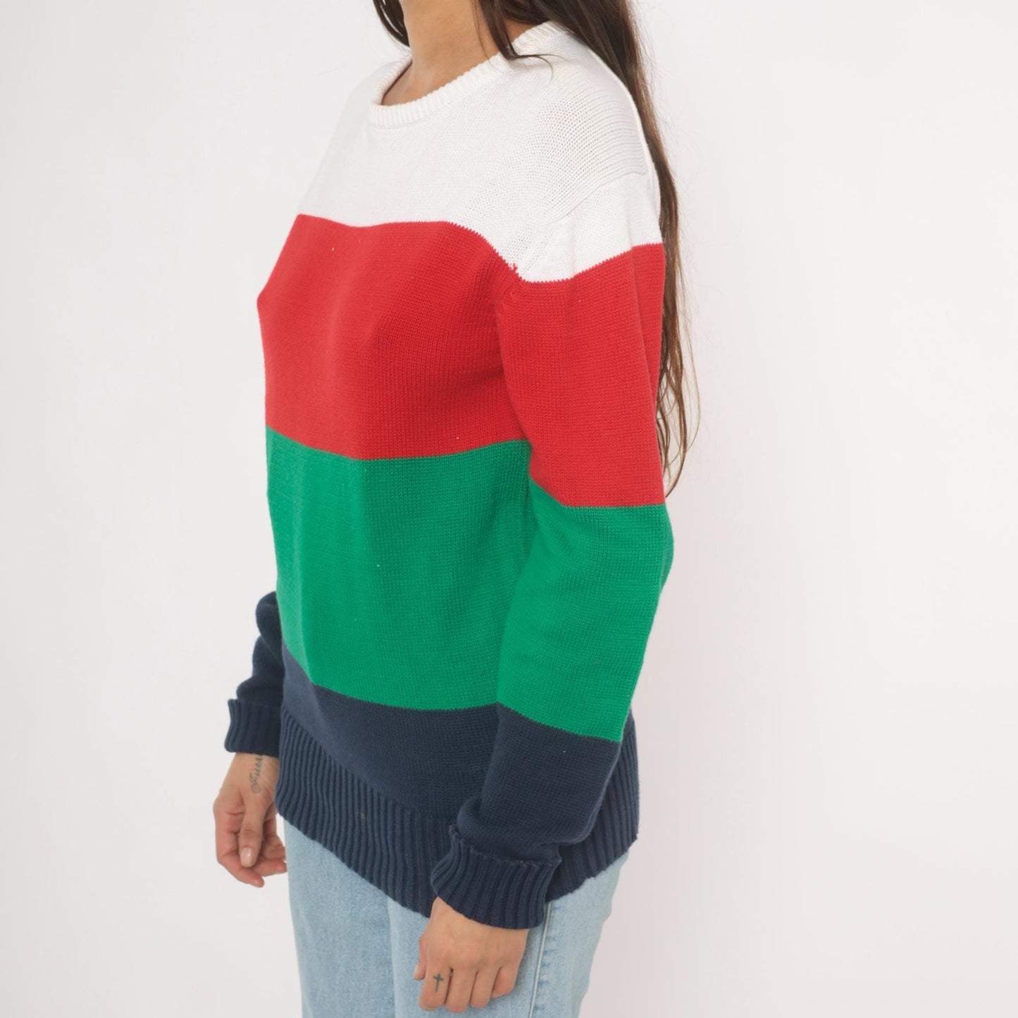 90s Boston Traders Color Block Knit Sweater Navy Green Red White Medium M