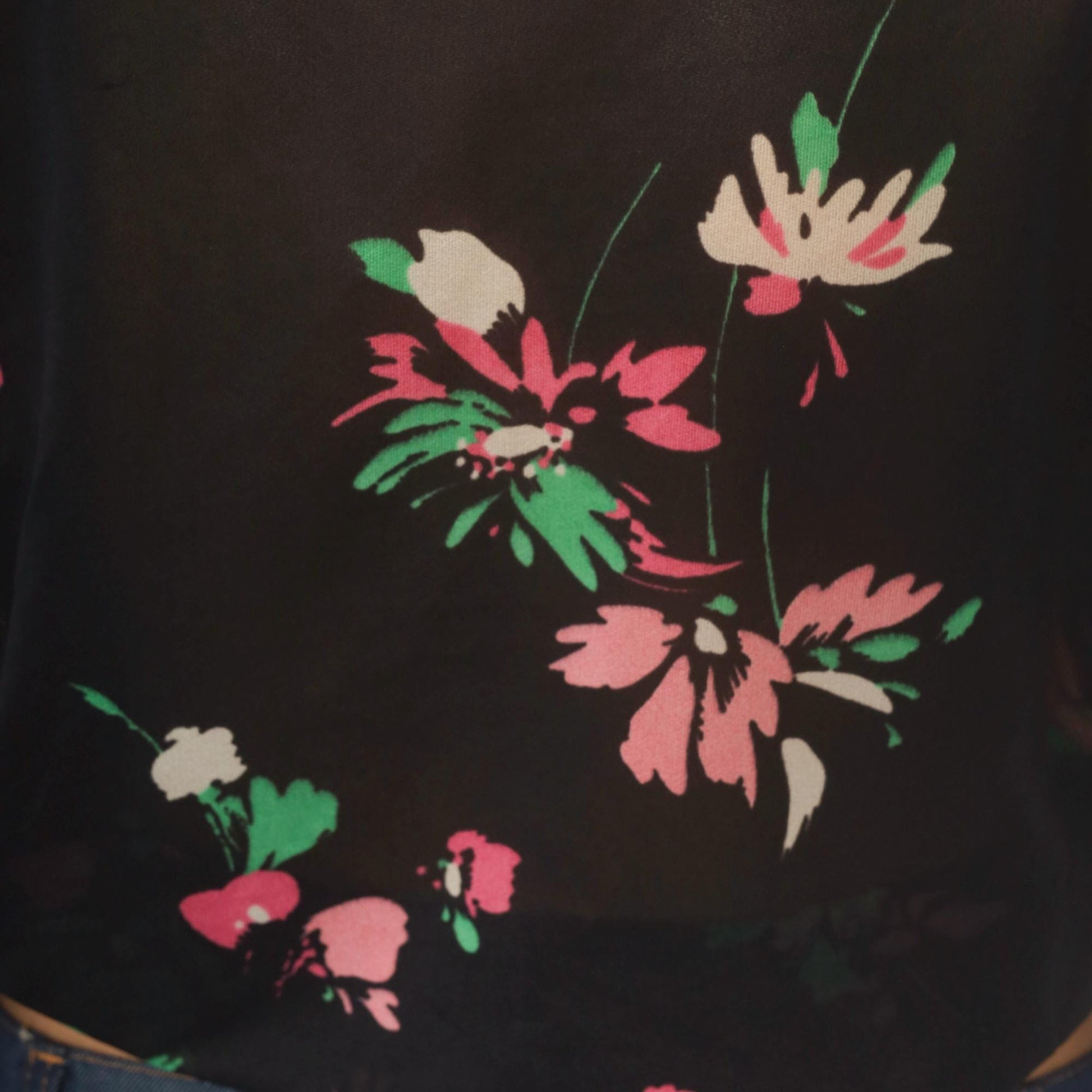 70s Black Floral Tie-Front Blouse Deep V-Neck Long Sleeve Medium M
