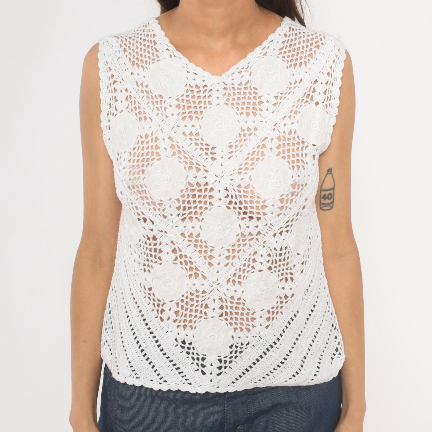 90s White Crochet Lace Tank Top Floral Medallion V-Neck Cotton Small