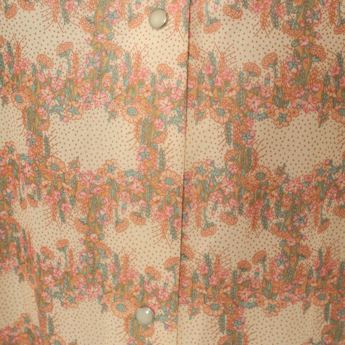 70s Floral Cream Tan Shirt Dress Snap Front Long Sleeve Knee-Length Medium M