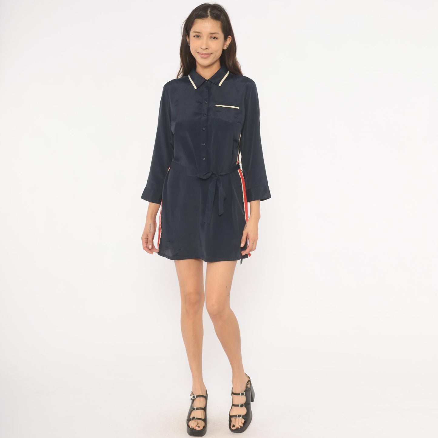 Tommy Hilfiger Navy Mini Dress 2000s Striped Collared Shirt Dress Medium M