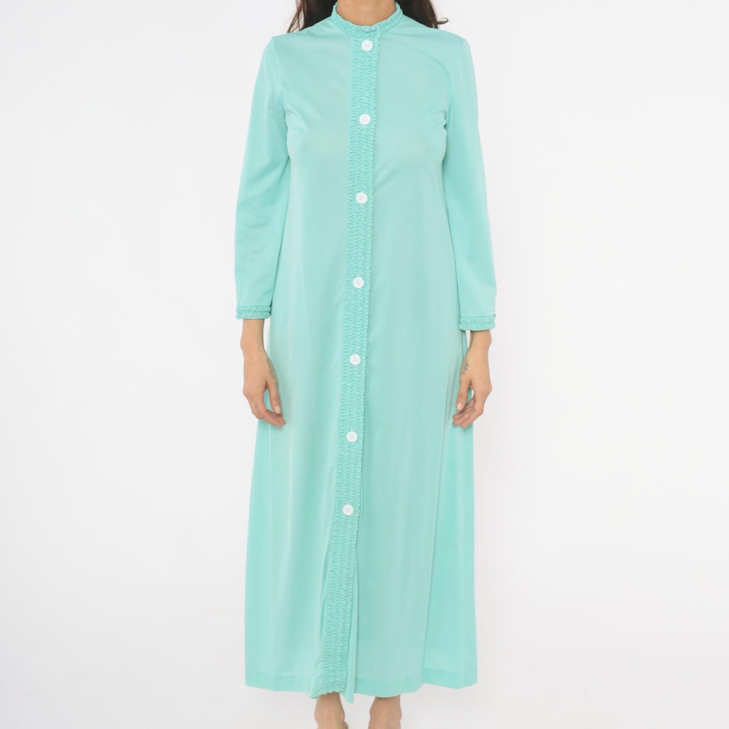70s Loungewear by Gossard Mint Maxi Housecoat Smocked Ruffle Small