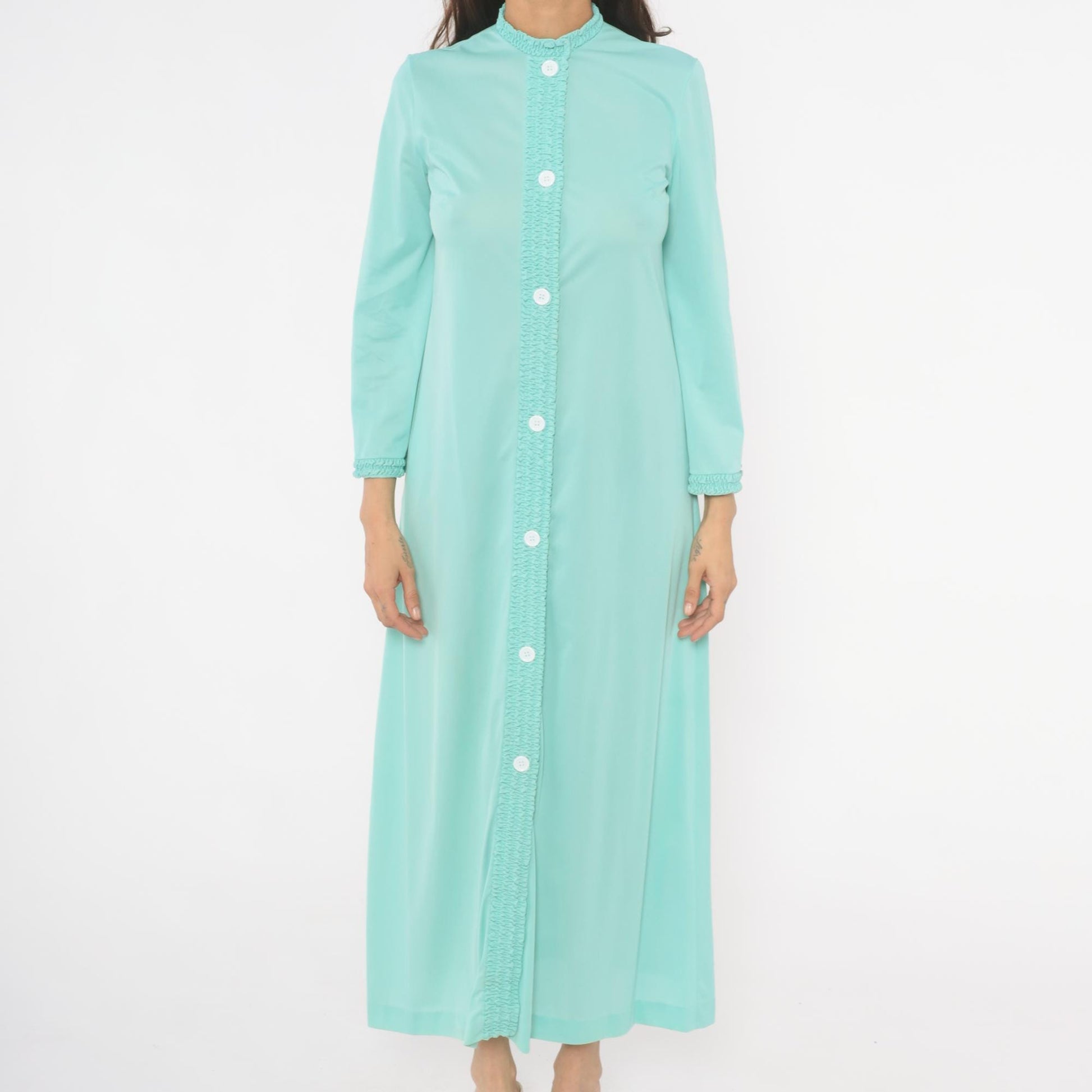 70s Loungewear by Gossard Mint Maxi Housecoat Smocked Ruffle Small