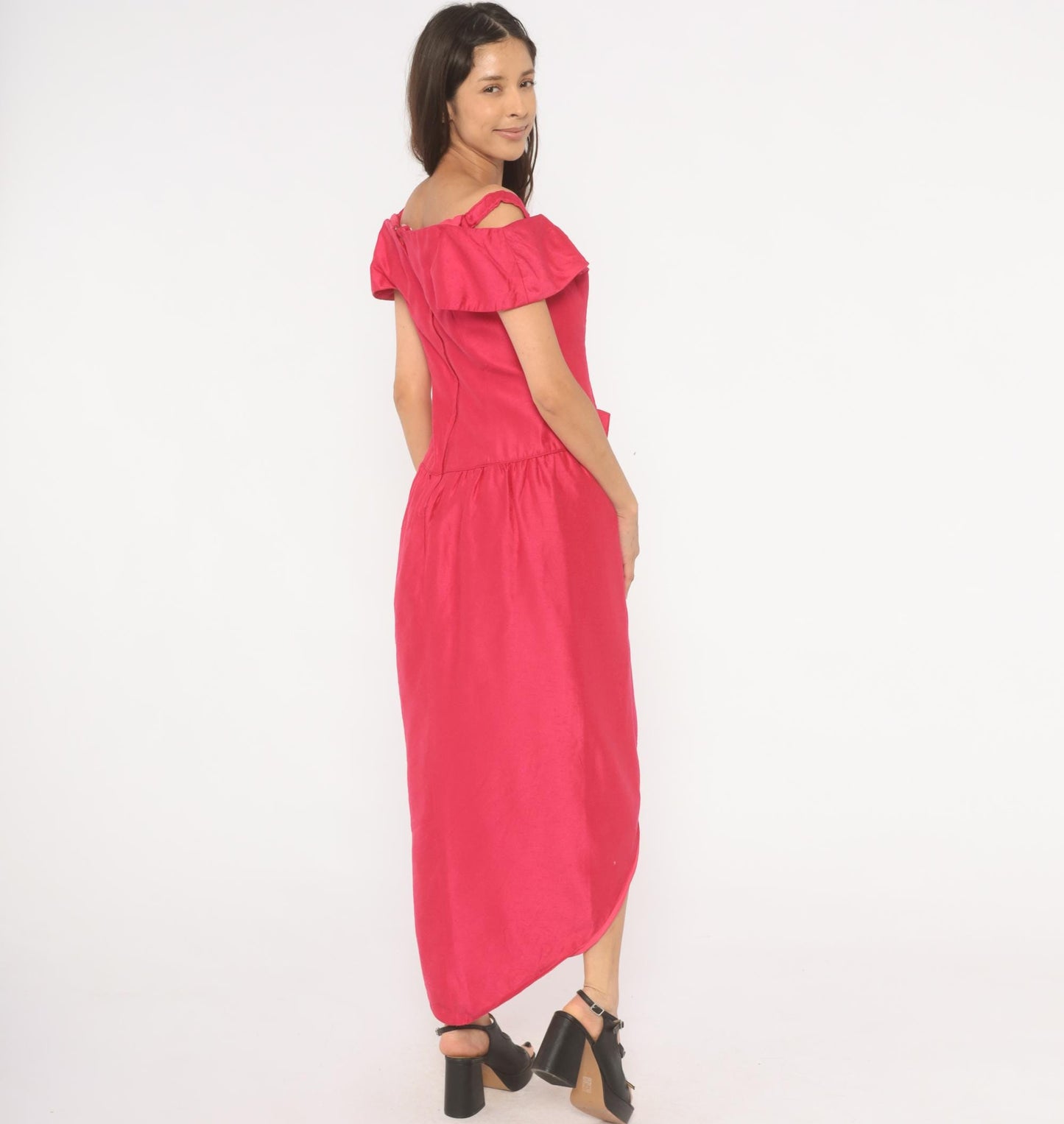 80s Hot Pink Off-Shoulder Maxi Gown Sweetheart Neckline Bow Tulip Skirt Large L