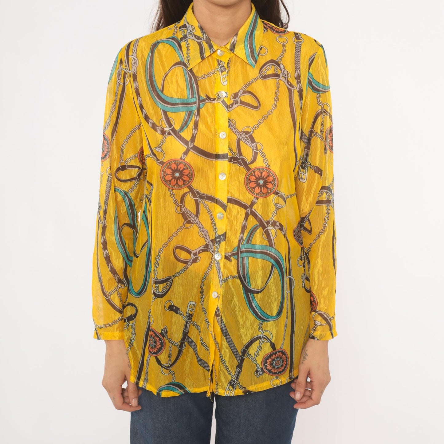 2000s Equestrian Chain Belt Print Sheer Blouse Mustard Gold Long Sleeve Large L