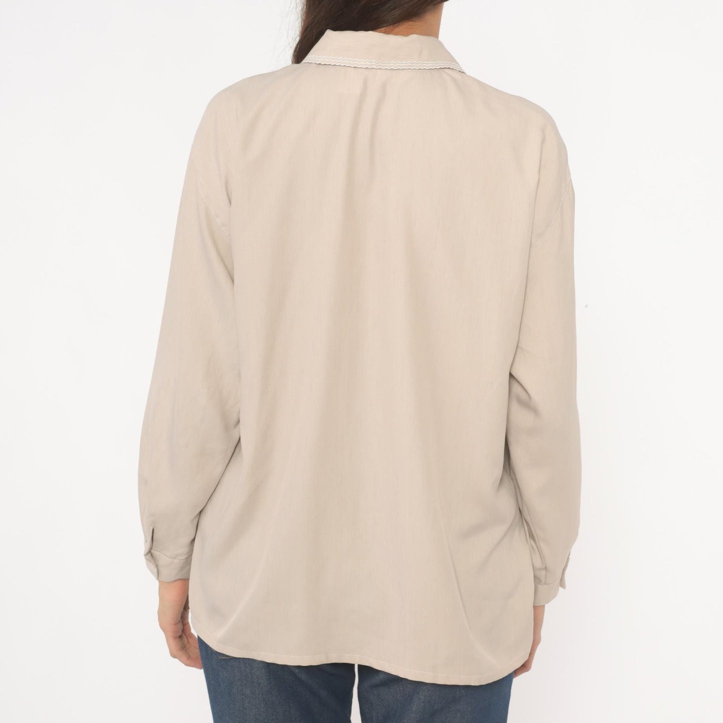 2000s Cream Lace Collar Cotton Blouse Floral Embroidery Long Sleeve Medium M