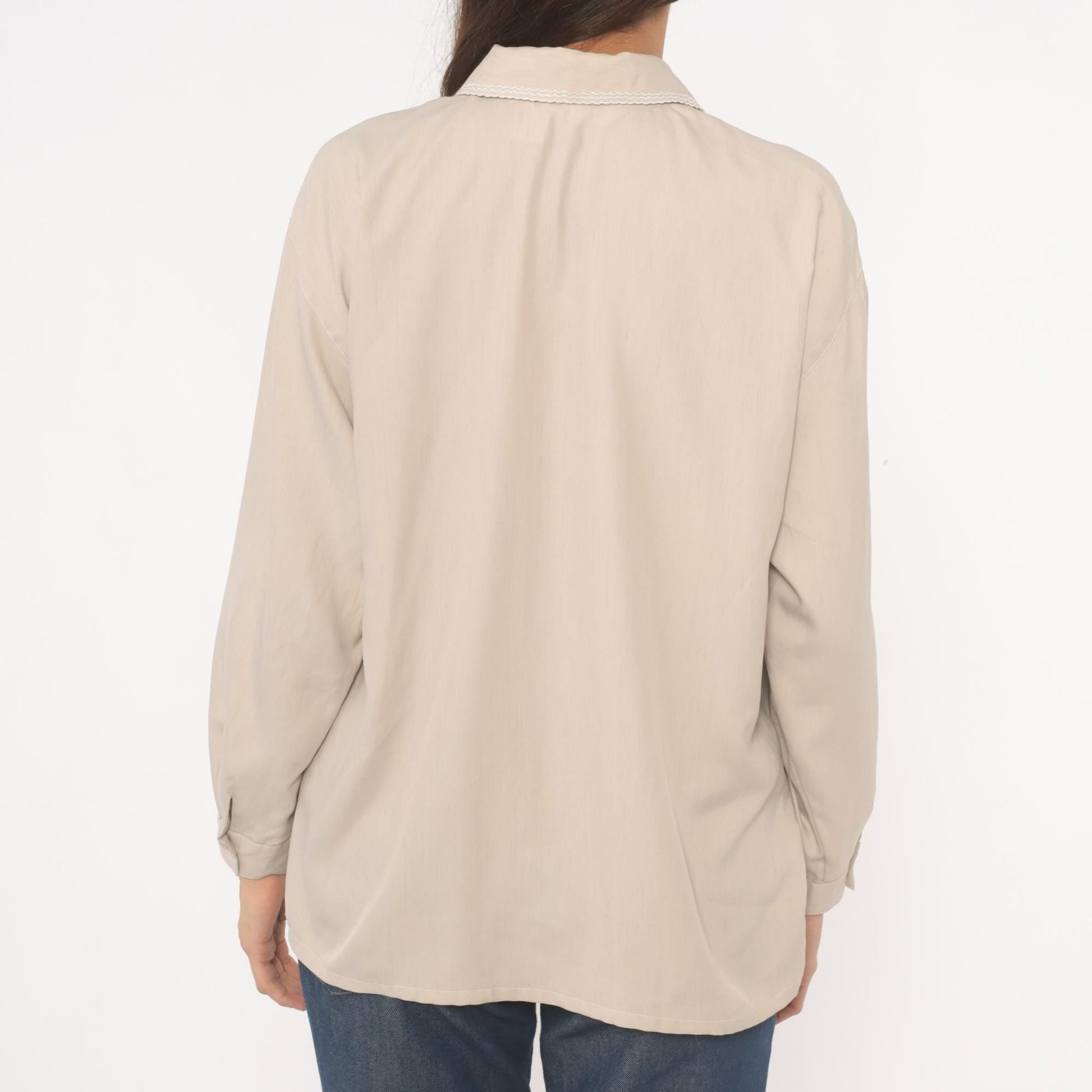 2000s Cream Lace Collar Cotton Blouse Floral Embroidery Long Sleeve Medium M