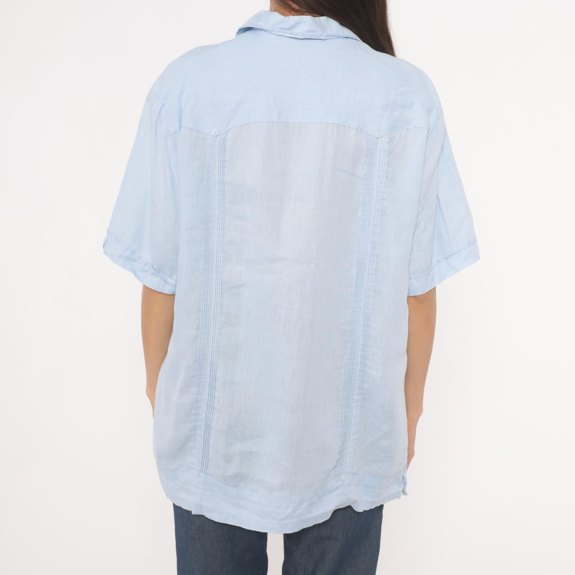 90s Cubavera Powder Blue Linen Camp Collar Shirt Medium M
