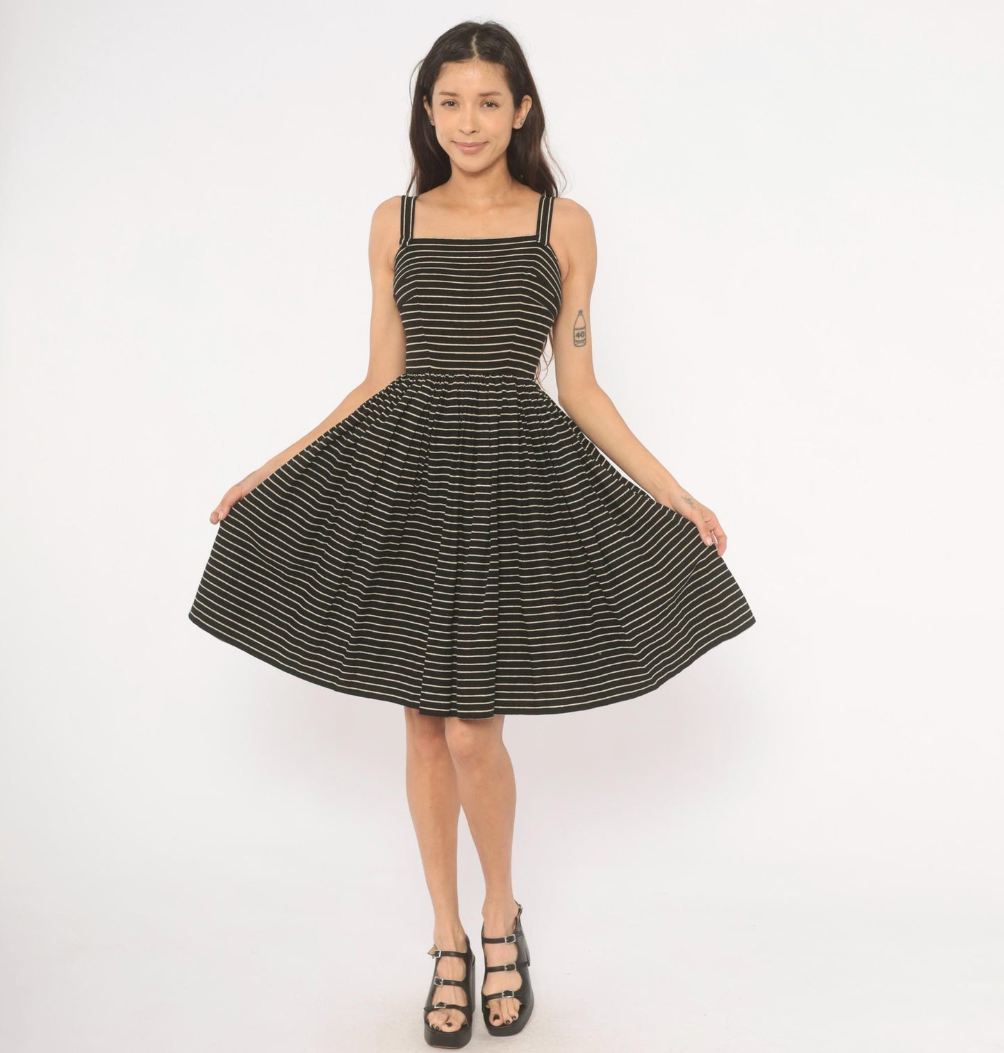 50s Lanz Original Black Pinstripe Sundress Square Neck Spaghetti Strap Extra Small