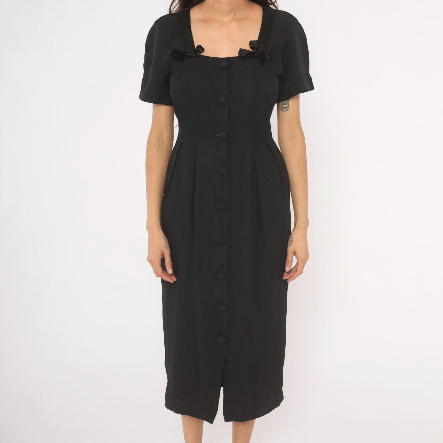 90s Atina by Karon Crosby Black Midi Dress Square Neck Bow Detail Medium