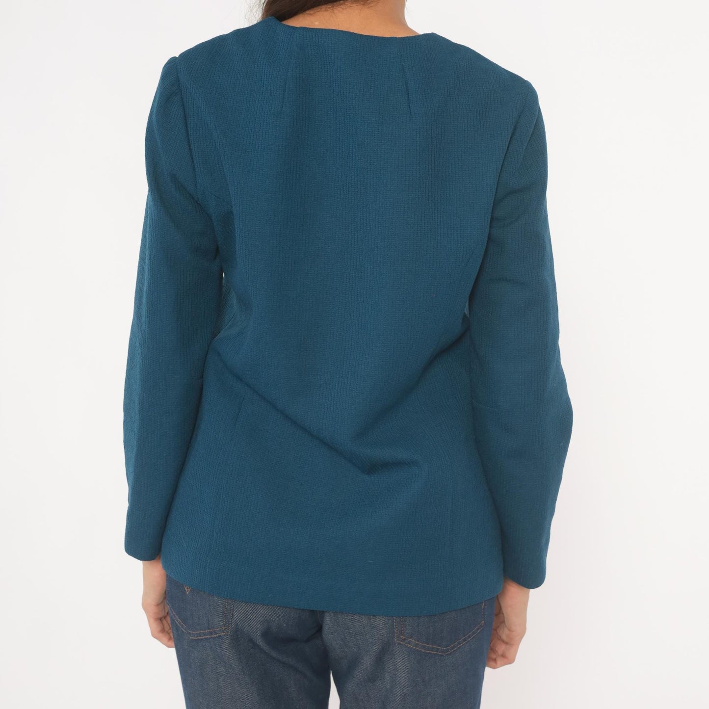 70s Navy Blazer V-Neck Collarless Button-Front Jacket Patch Pockets Small