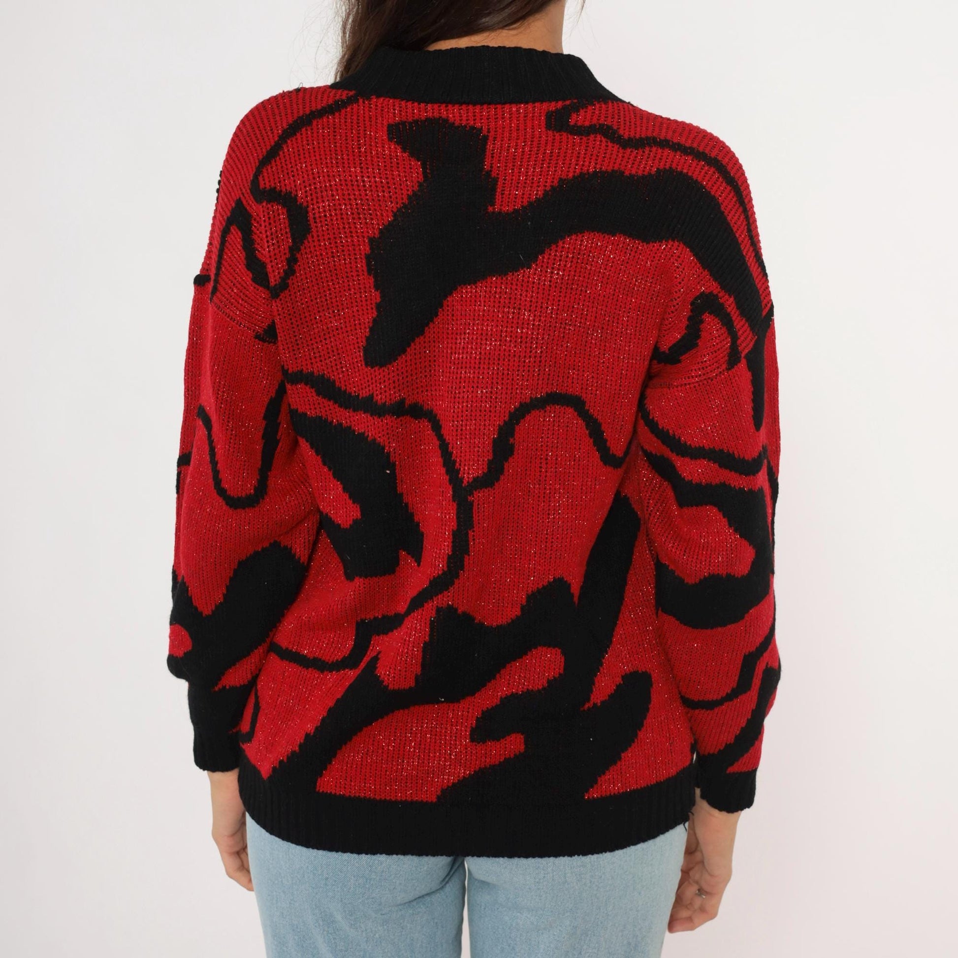 90s Rose Red Black Abstract Knit Pullover Shimmer Sweater Medium M