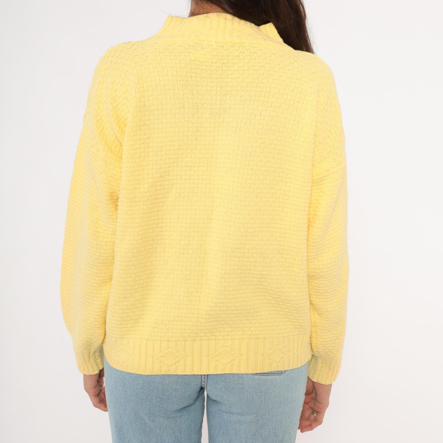 80s Liz Thomas Embroidered Floral Bouquet Knit Pullover Yellow Medium M