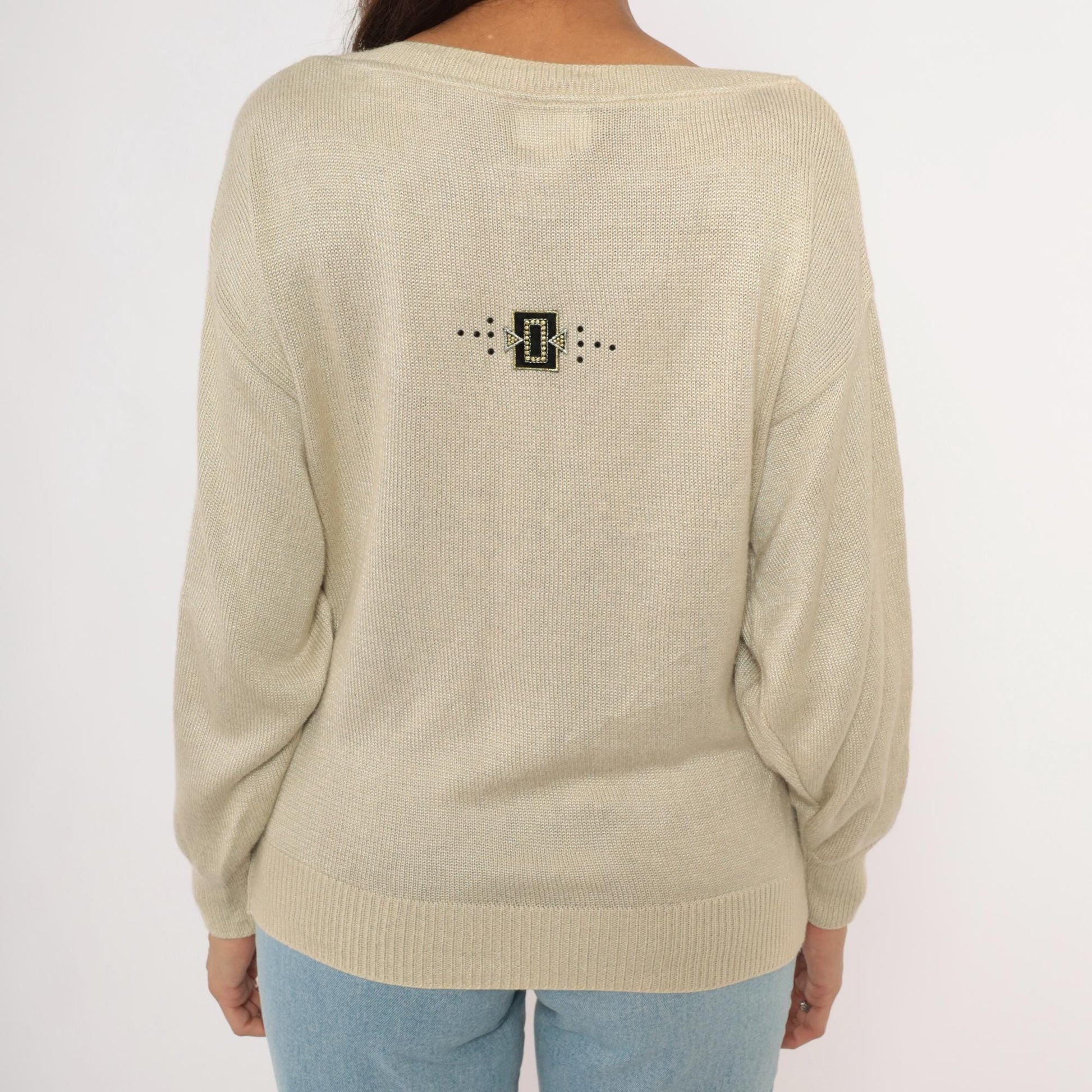 80s Fern Wagner Tan Knit Sweater Beaded Geometric Applique Small