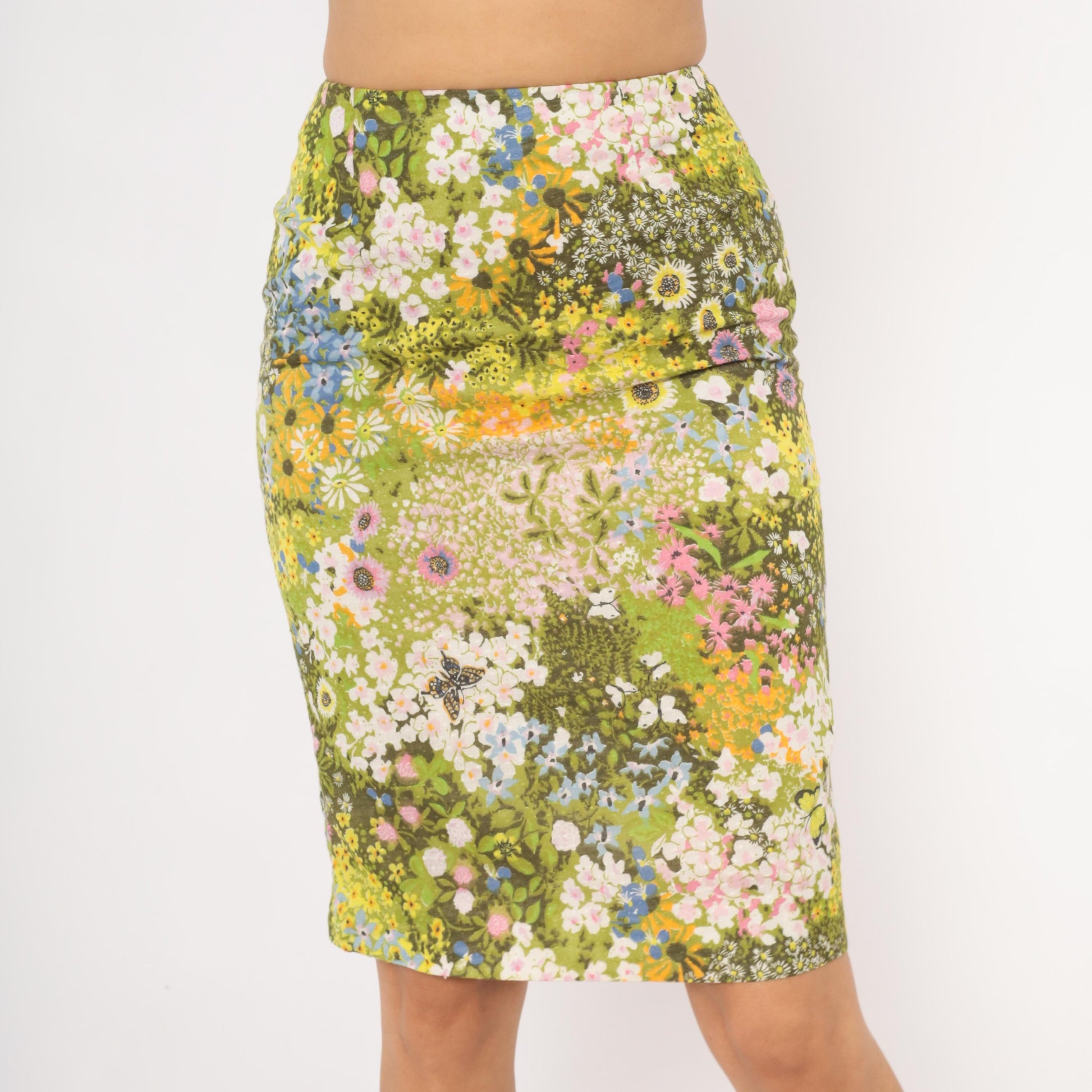 70s Wildflower Garden Pencil Skirt Green Floral Butterfly Print Knee Length Small