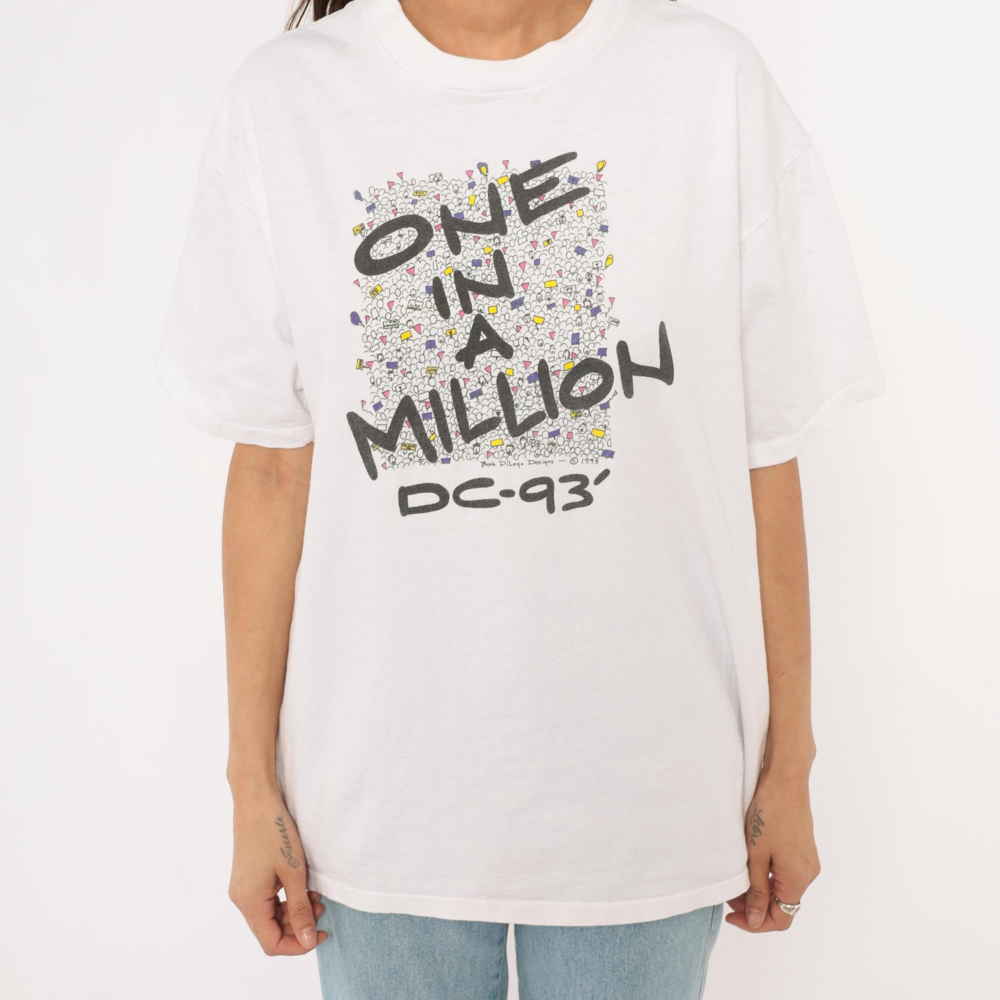 90s Oneita One In A Million DC 93 Crowd Graphic Tee White Cotton Extra Large XL