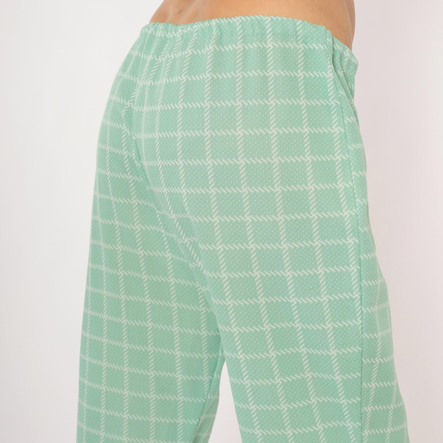 70s Mint Plaid Kick Flare Pants White Windowpane Grid Cropped Medium Large