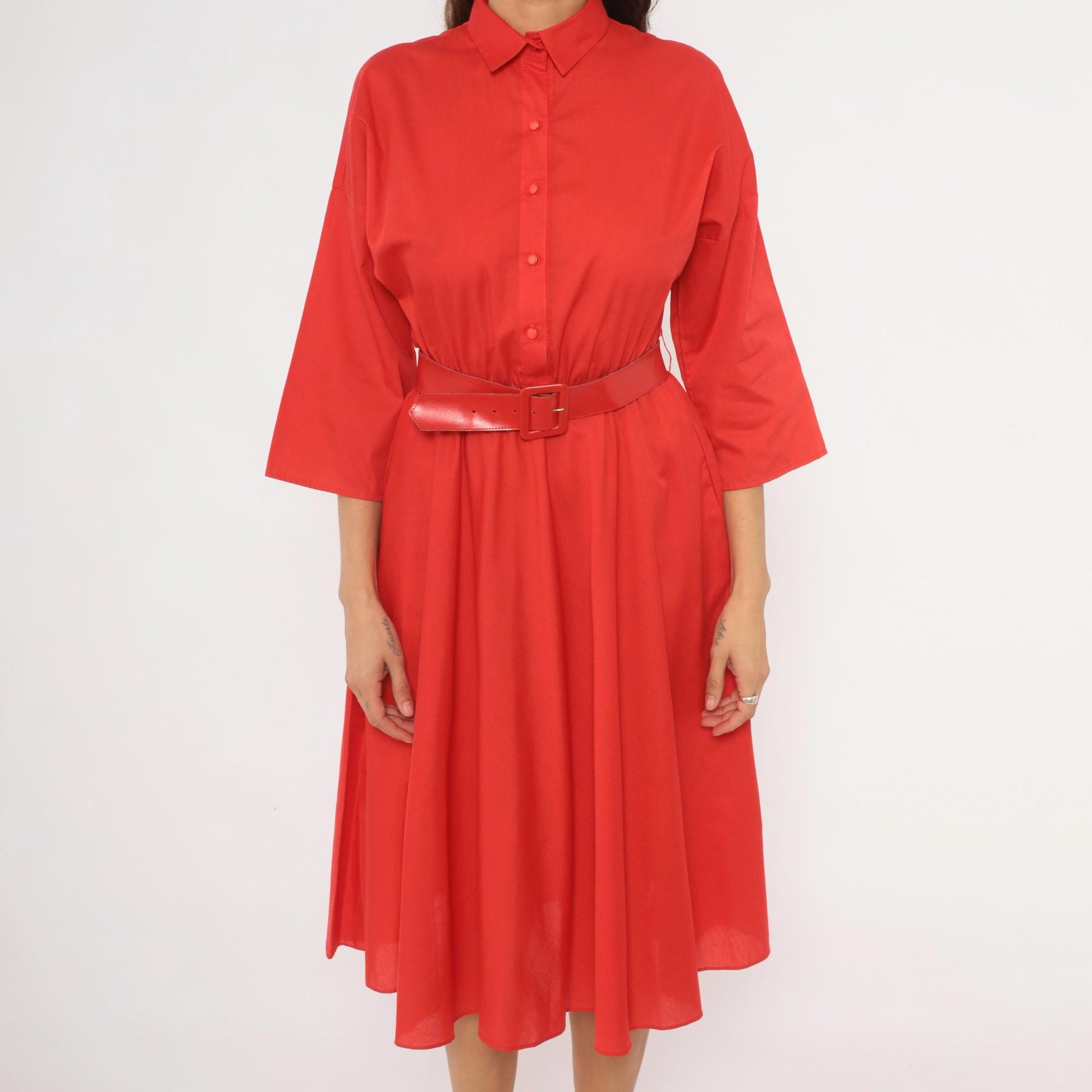 80s The American Shirt Dress Red Midi Button-Front Belted Waist Medium M