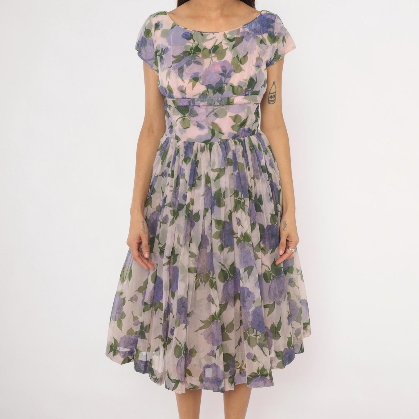 60s Lavender Floral Chiffon Dress Cap Sleeve Fit and Flare Purple Rose Small Medium