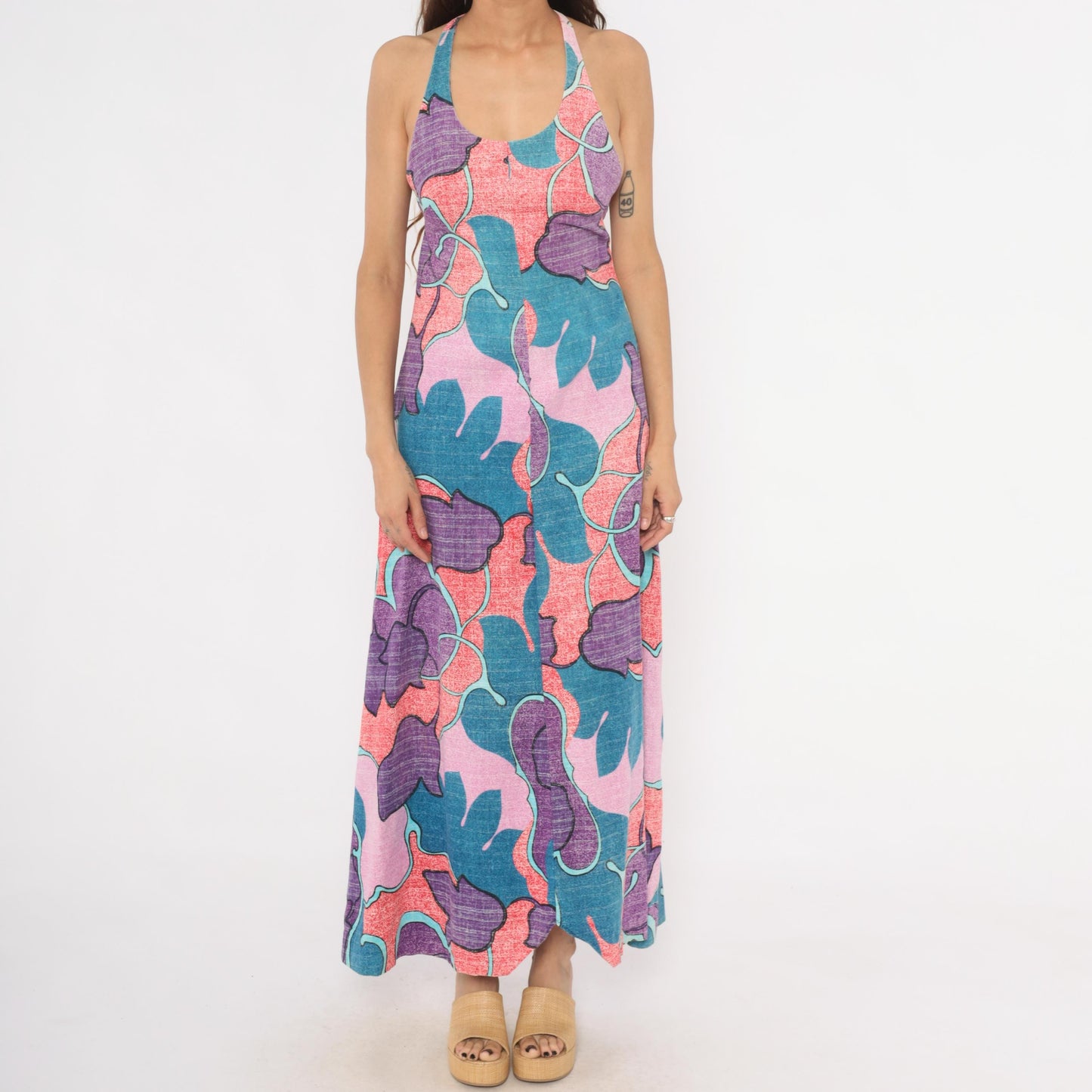 70s Psychedelic Floral Maxi Halter Dress Purple Teal Pink Cotton Small