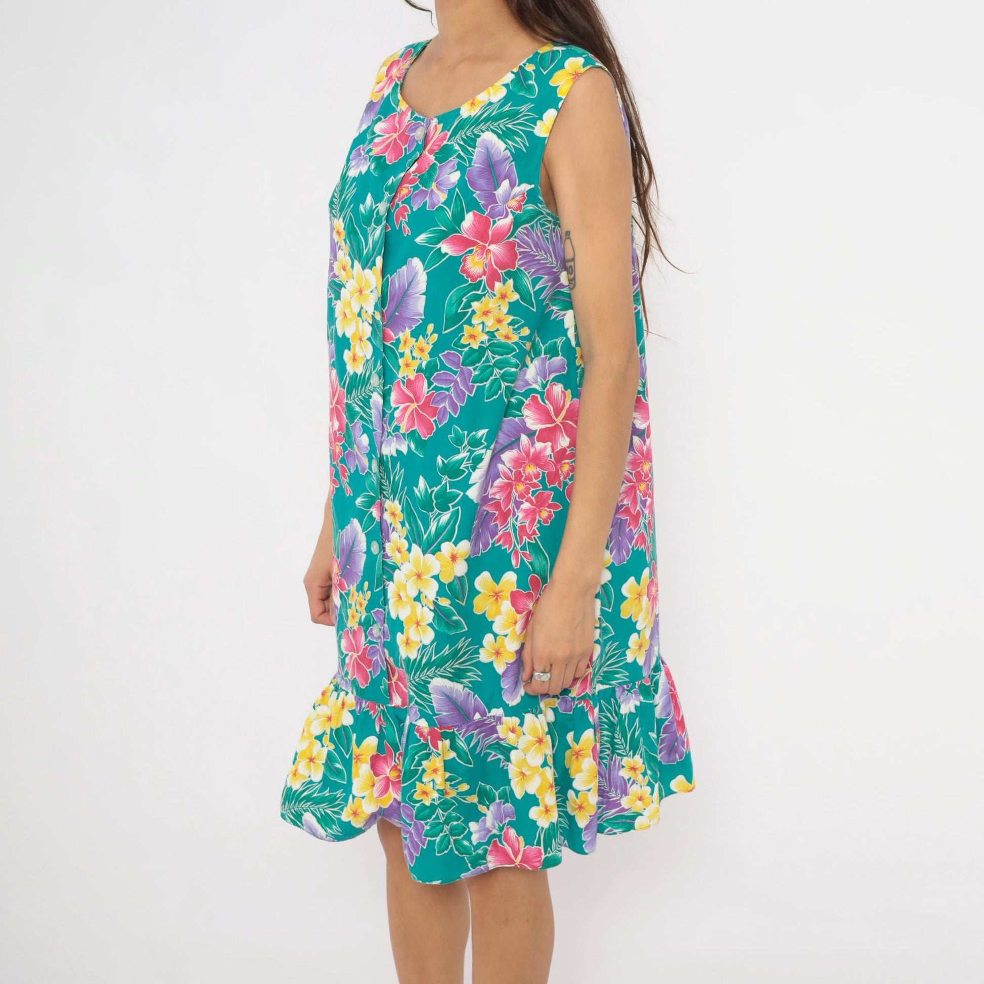 80s Kayla G Tropical Floral Sundress Teal Hawaiian Shift Knee-Length Extra Large XL