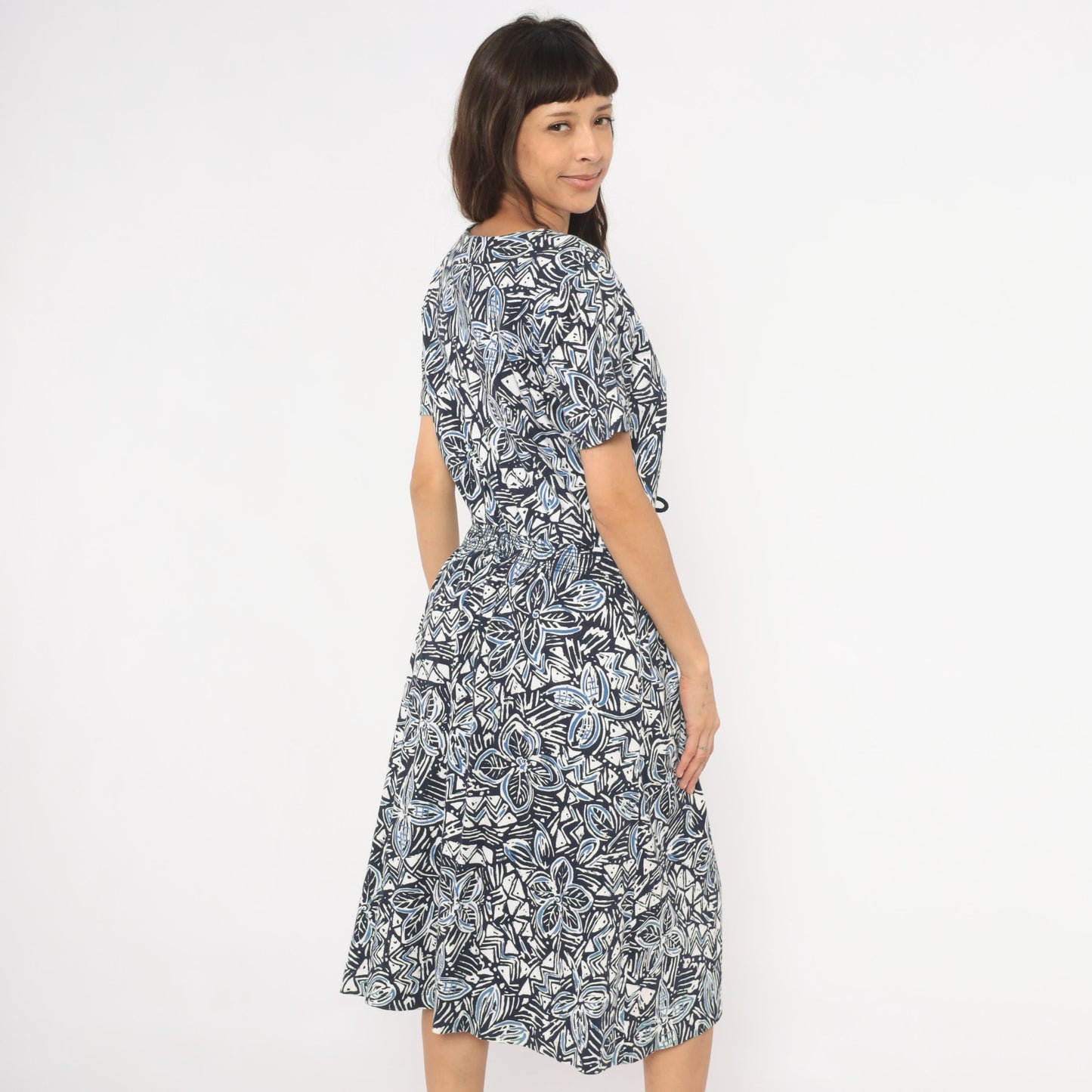 90s Via Sant Andrea Navy Floral Midi Dress Cotton Henley Button Short Sleeve Large L