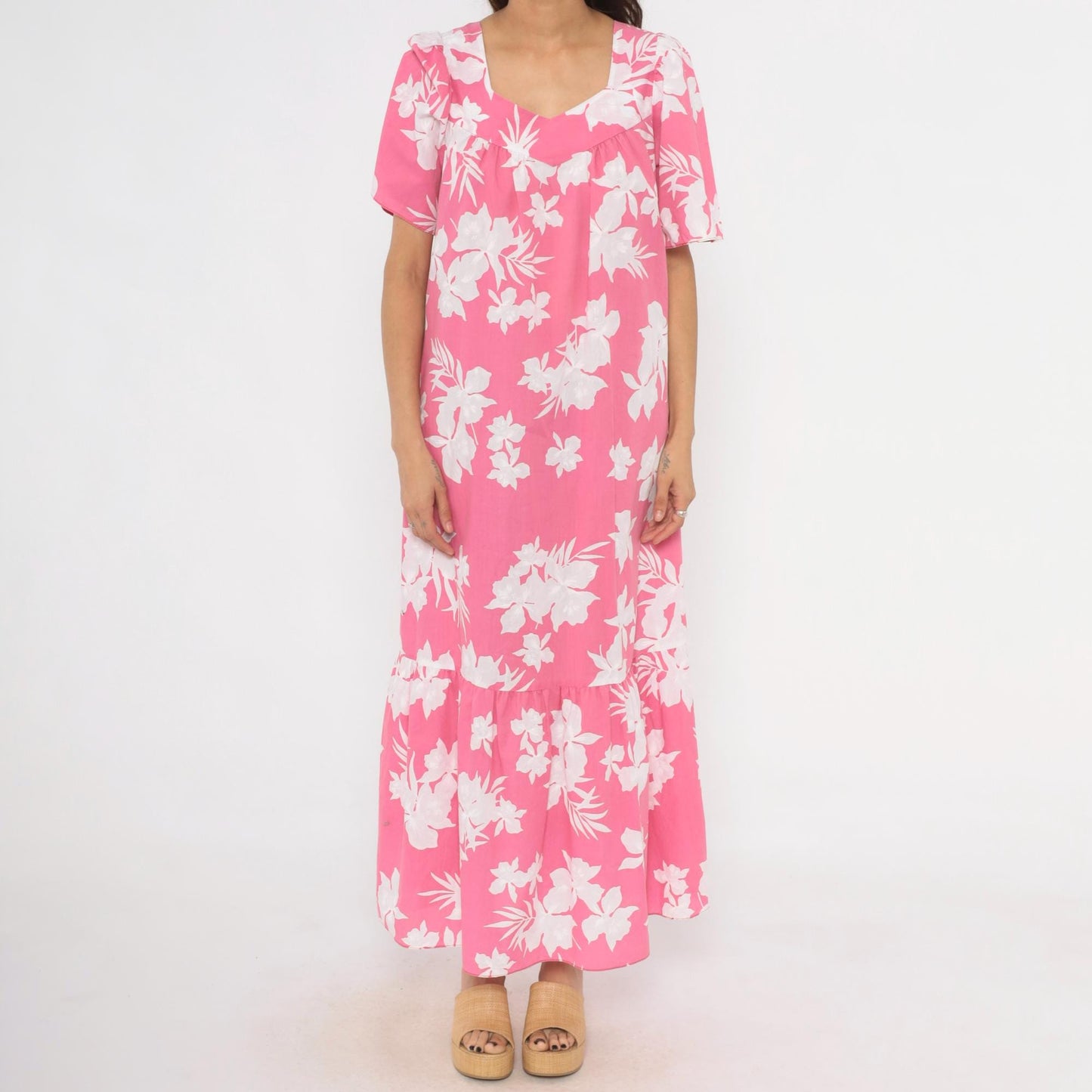 80s Pink Floral Maxi Dress Tropical Hibiscus Puff Sleeve Sweetheart Medium M