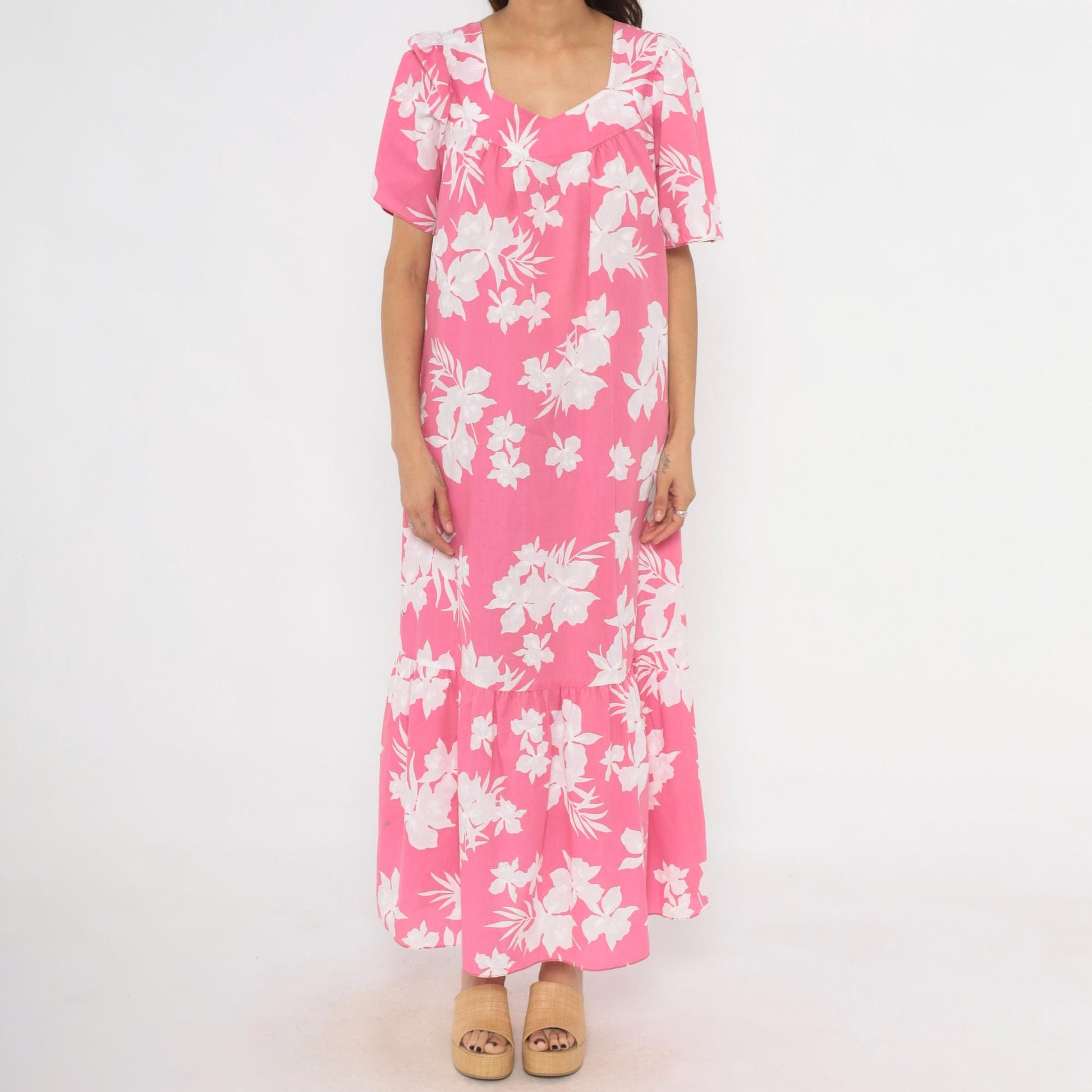 80s Pink Floral Maxi Dress Tropical Hibiscus Puff Sleeve Sweetheart Medium M