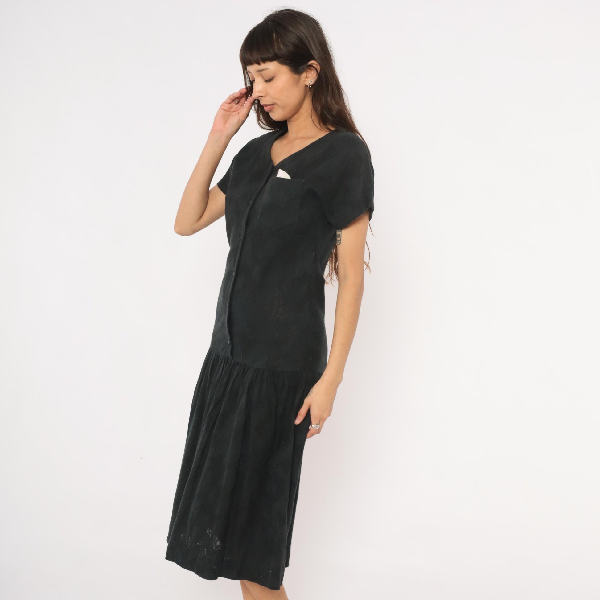 90s Black Cotton Midi Dress Button Front V Neck Drop Waist Small S