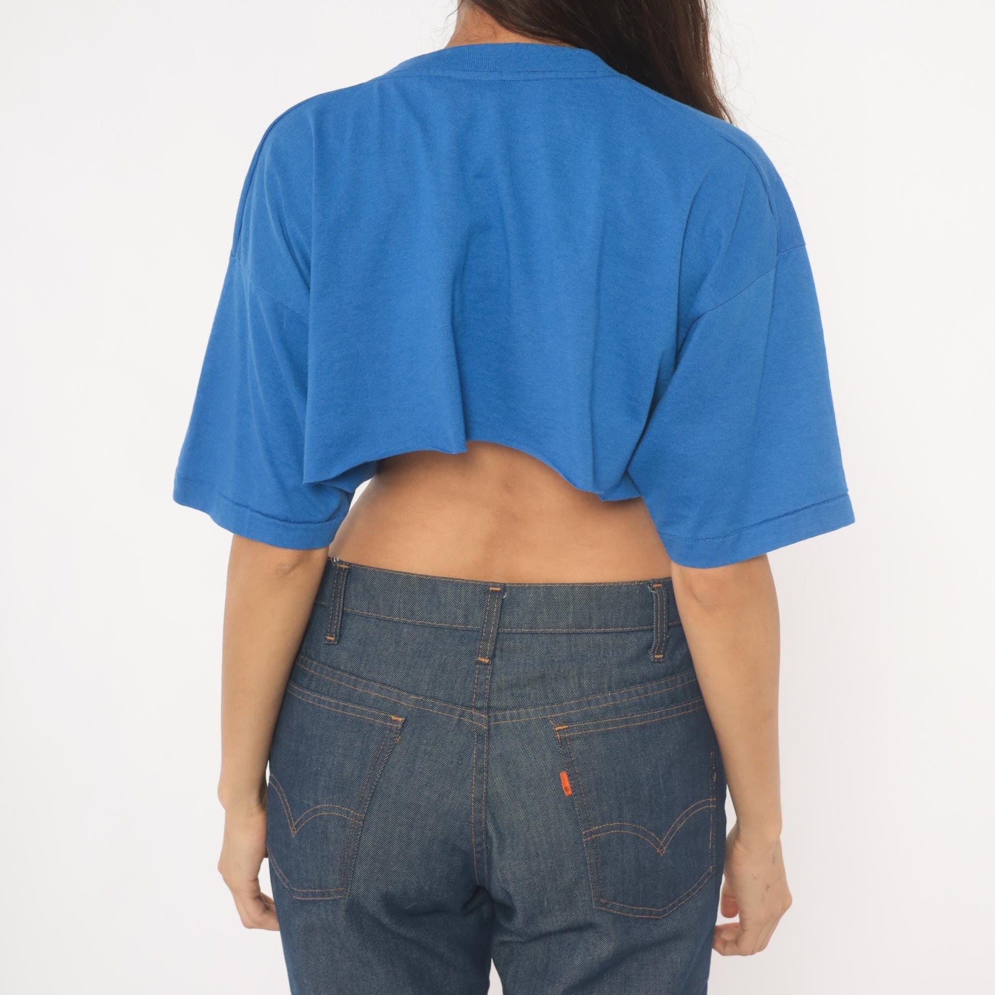 90s Fruit of the Loom Cowboy Horse Graphic Crop Tee Royal Blue Small